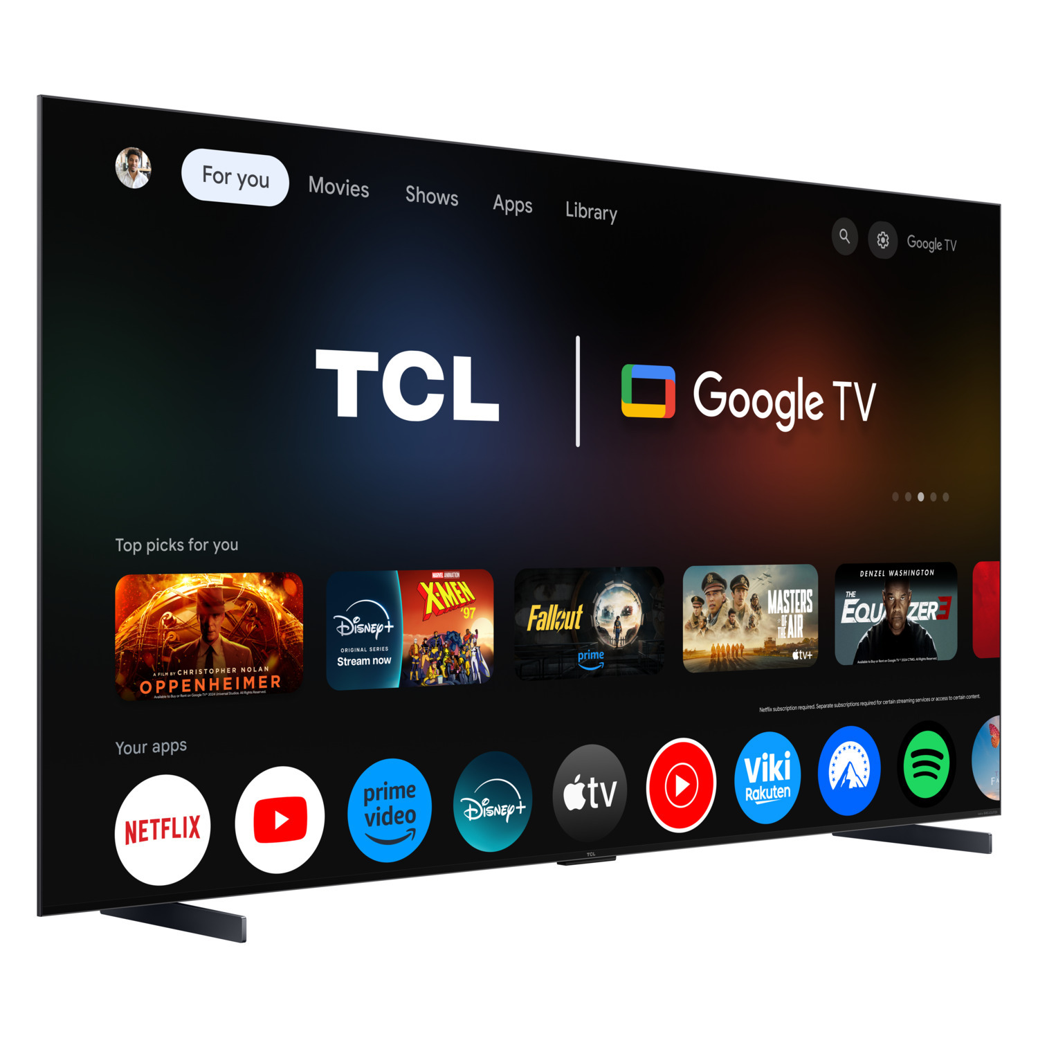 TCL Google TV-scherm met apps, met een standaard.
