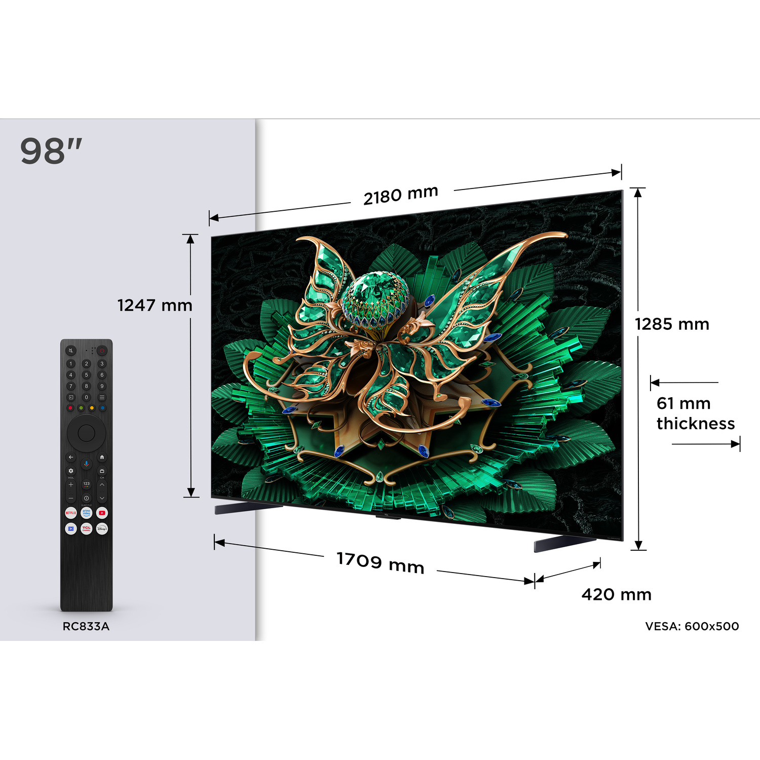 Een grote tv met een abstract bloemenontwerp. Afmetingen: 2180 mm breed, 1285 mm hoog, 61 mm dik. Afstandsbediening links.