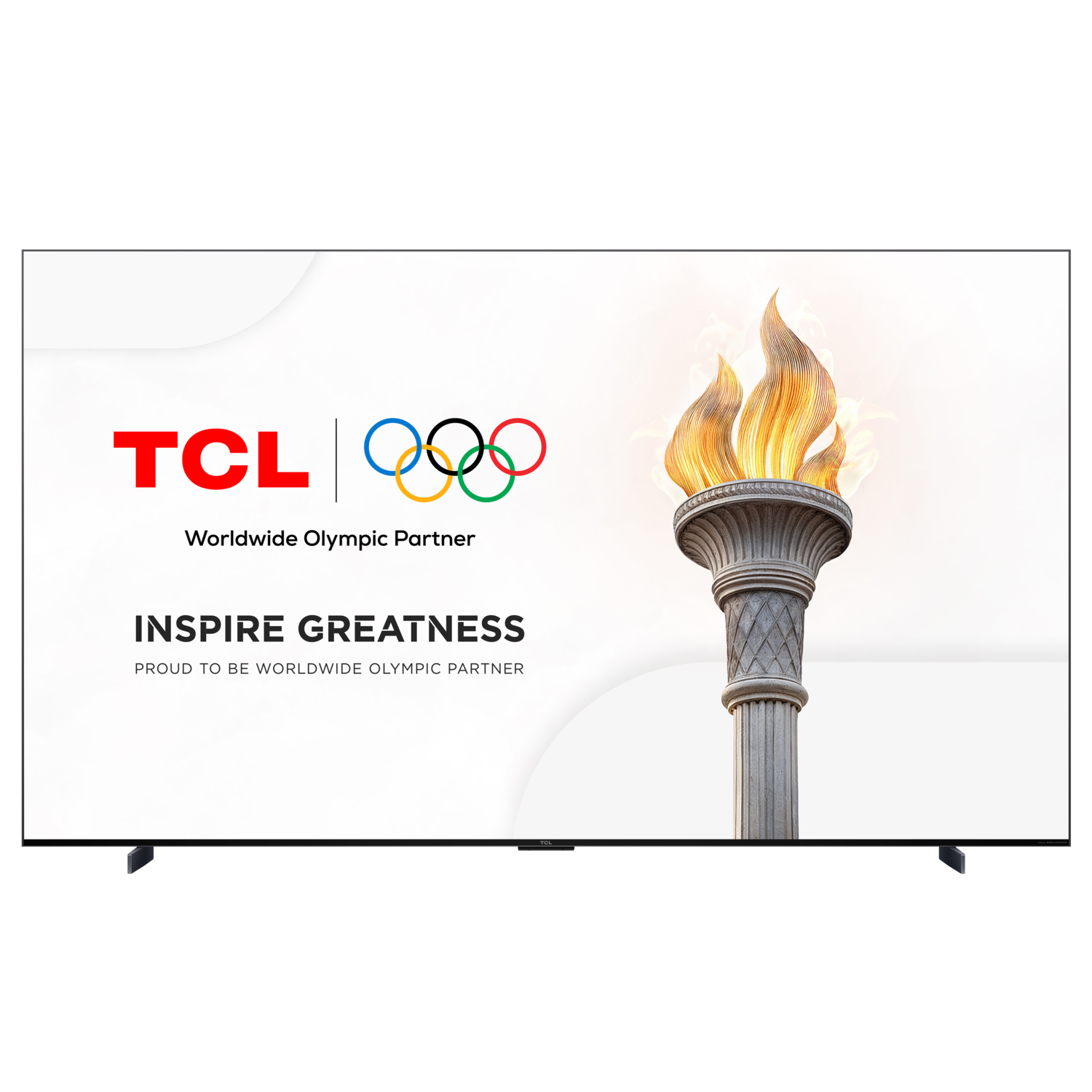TCL TV, zwarte lijst, olympische ringen logo, vlamfakkelafbeelding, inspire greatness tekst.