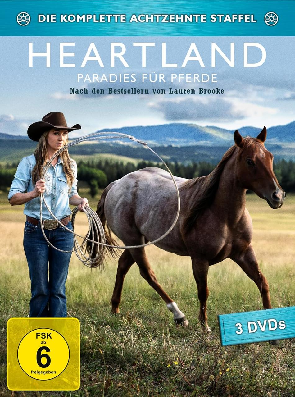 DVD-Cover zeigt eine Frau mit Pferd auf Feld, Titel "Heartland".