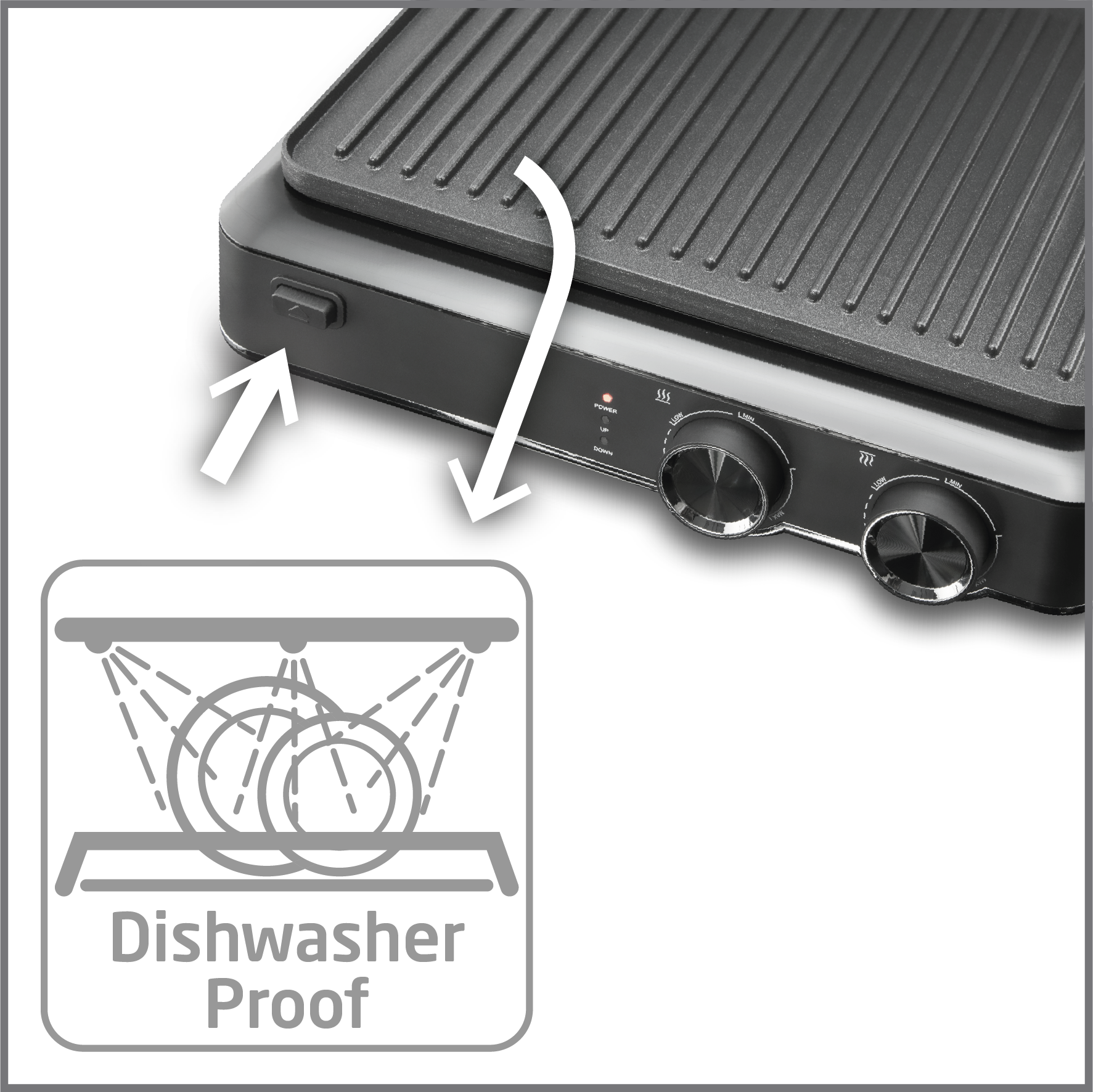 Nahaufnahme eines schwarzen Grills mit Spülmaschinen-Symbol und Pfeilen.