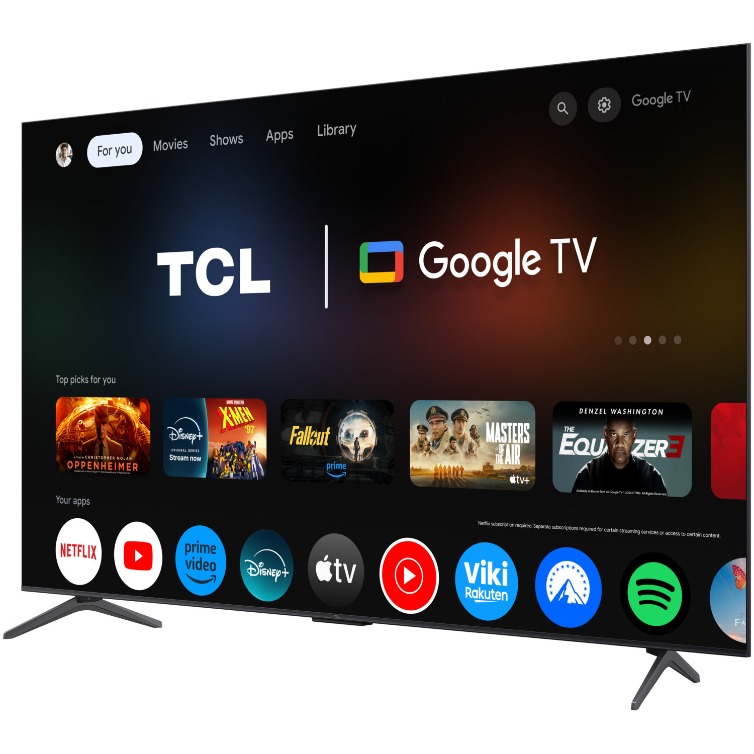 A large TV screen displaying a Google TV interface with apps and movies.