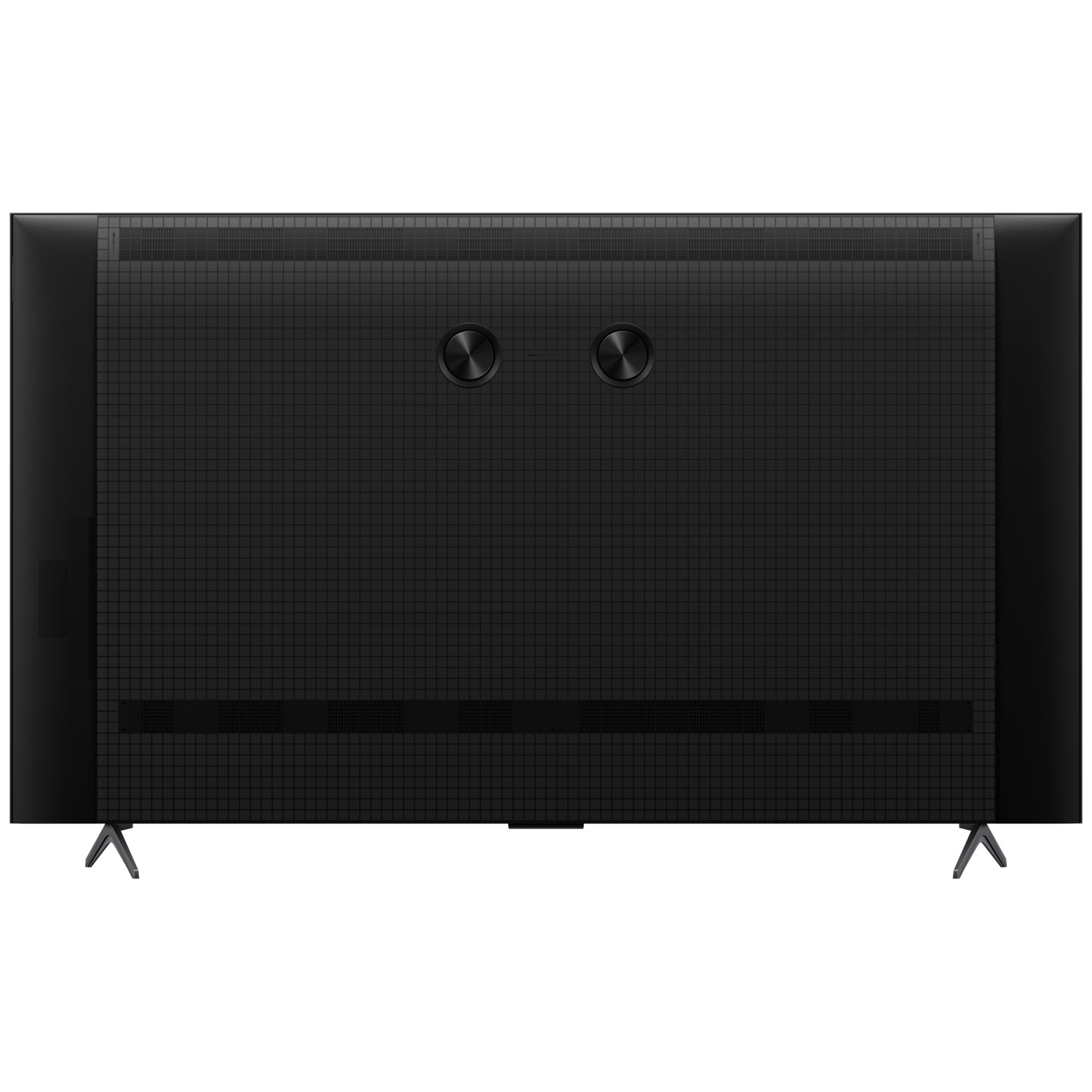 The back of a large, black TV with two circular ports and a grid-like texture.