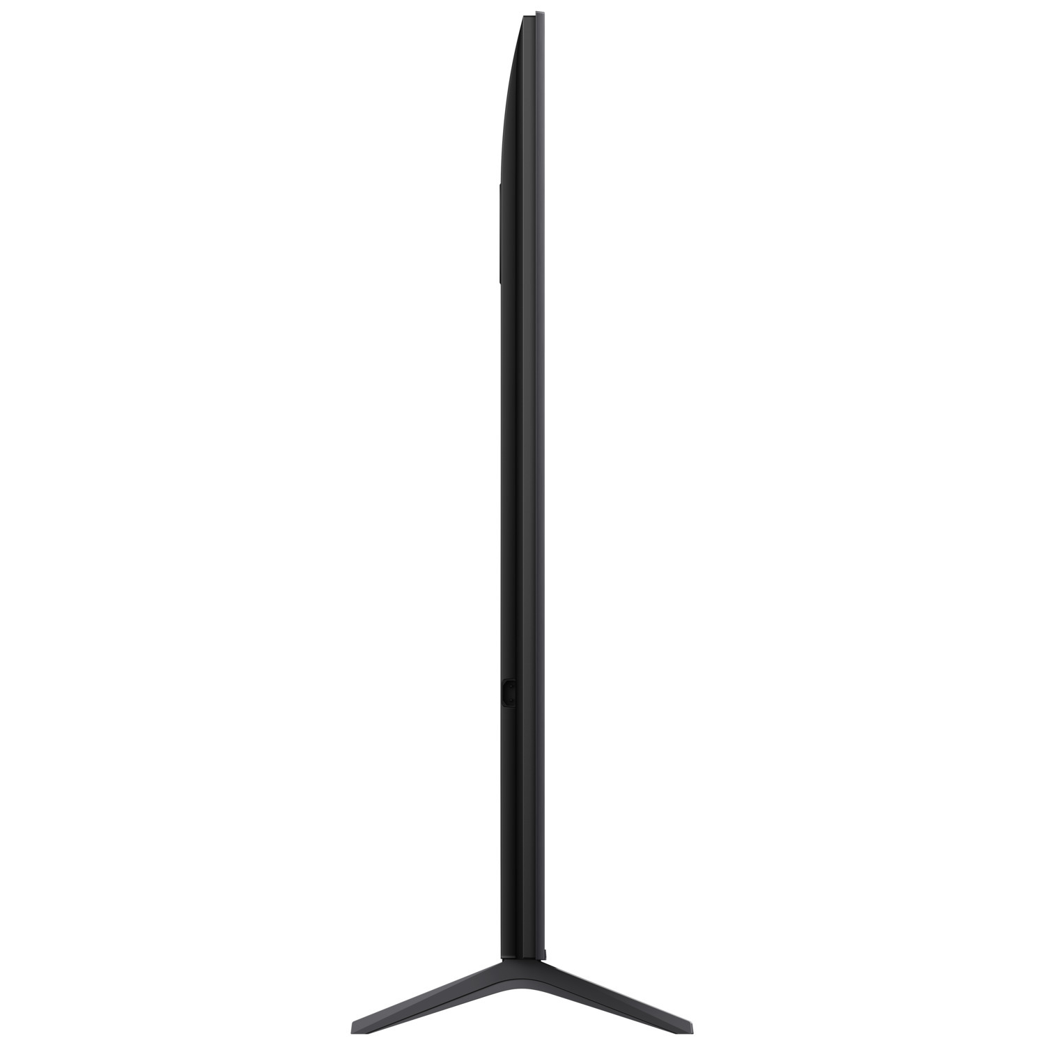 Side view of a black TV, showing its thin profile and stand.