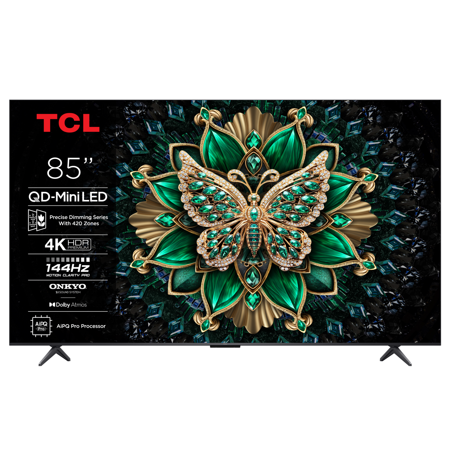 TV TCL 85 pouces avec un design papillon et texte sur ses fonctionnalités.