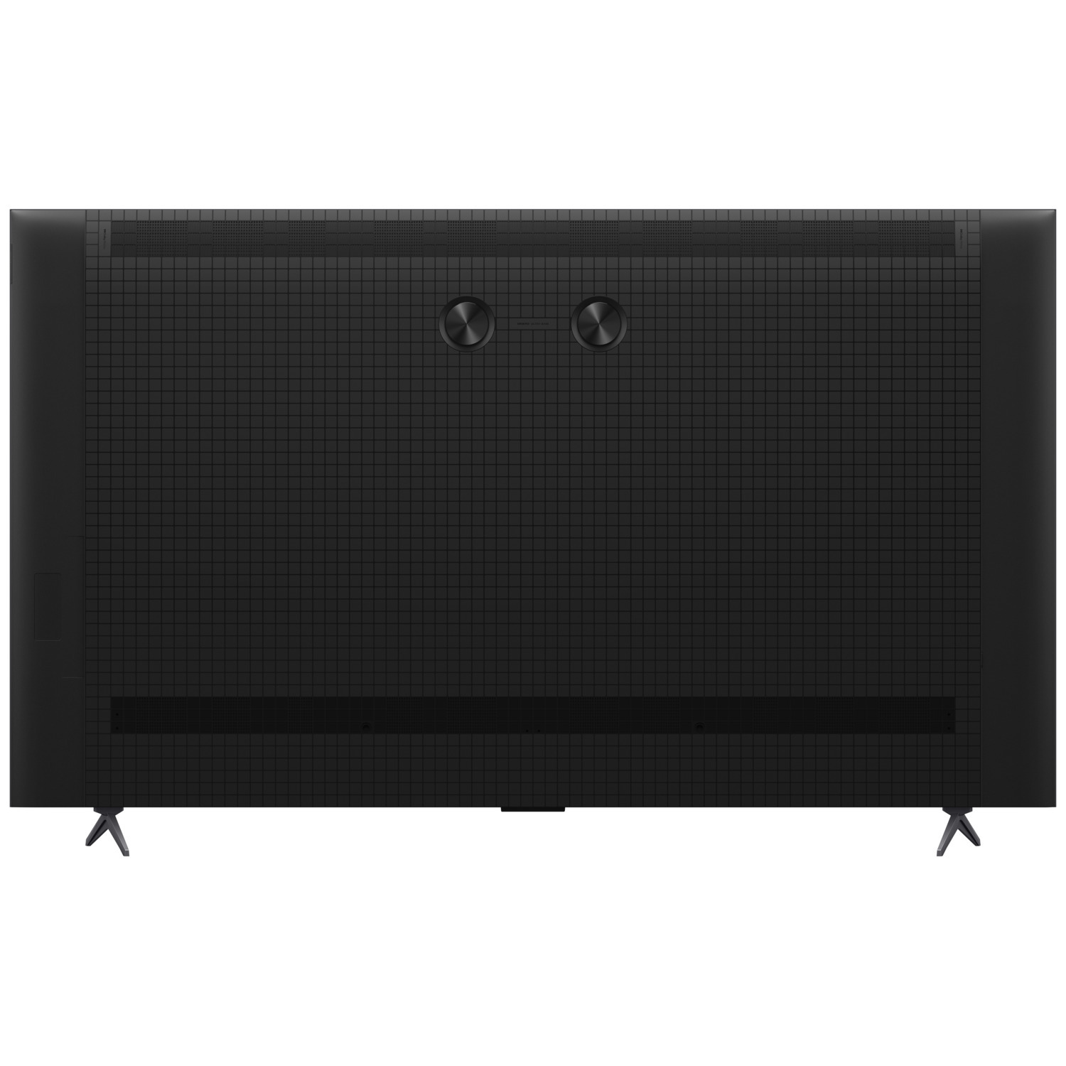 Vue arrière d'une TV noire. Texture quadrillée avec deux éléments circulaires et pied.