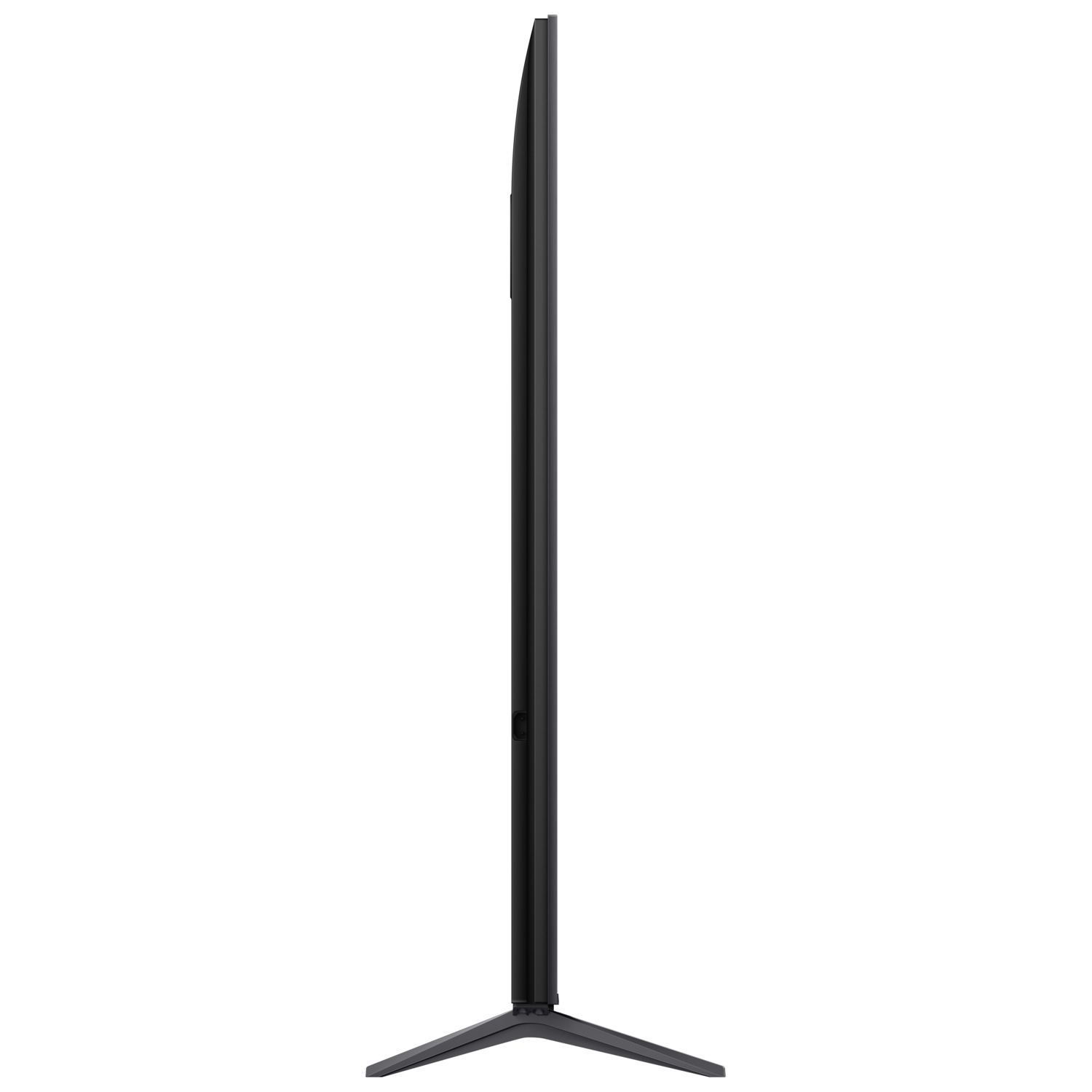 Vue latérale d'une TV noire, montrant le profil fin et le pied.