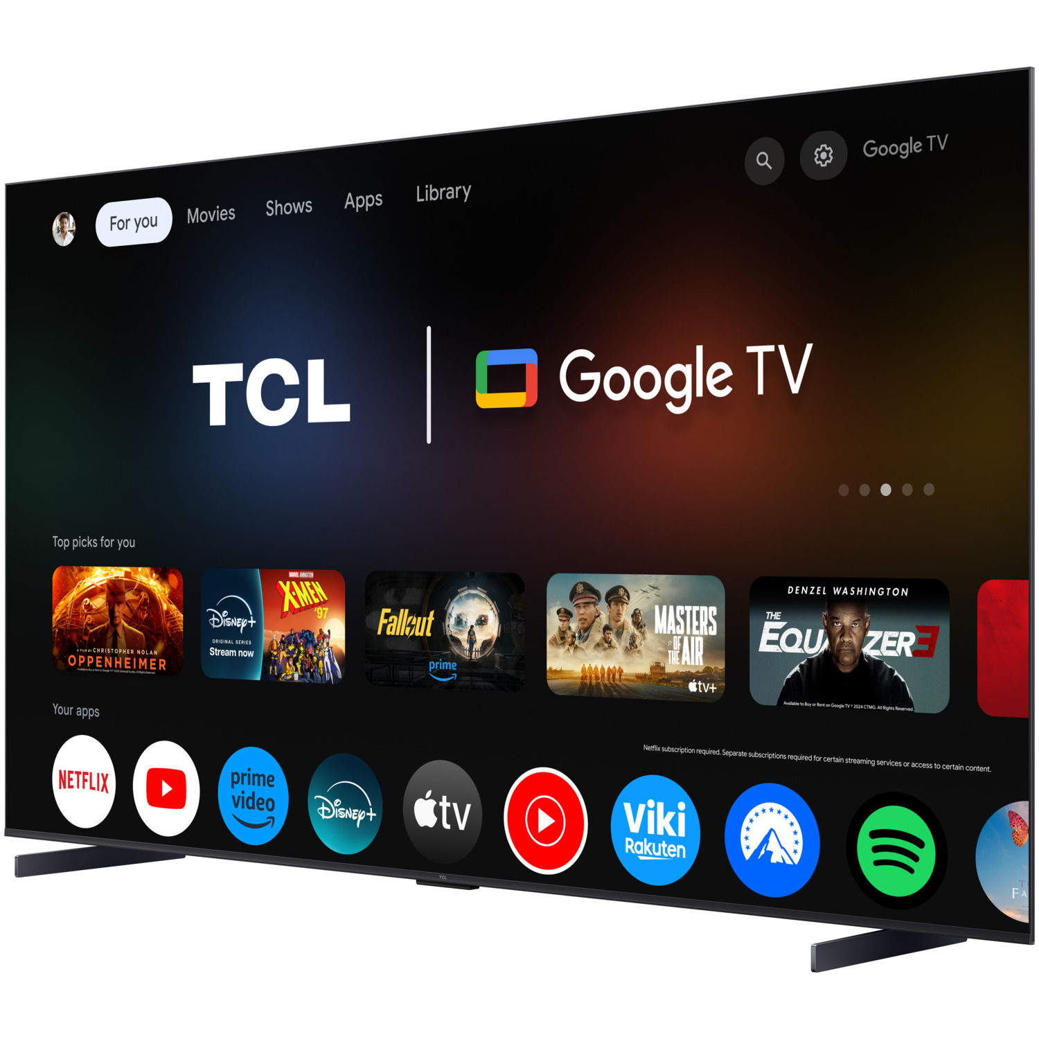 Grote TCL Google TV met app-pictogrammen en filmafbeeldingen.