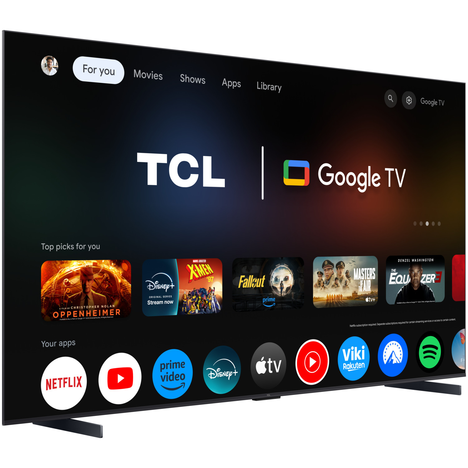 TCL Google TV-scherm met app-pictogrammen voor films, series en apps.