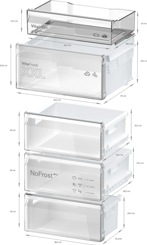 Cajones de un refrigerador mostrando dimensiones. Compartimentos con etiquetas y medidas.