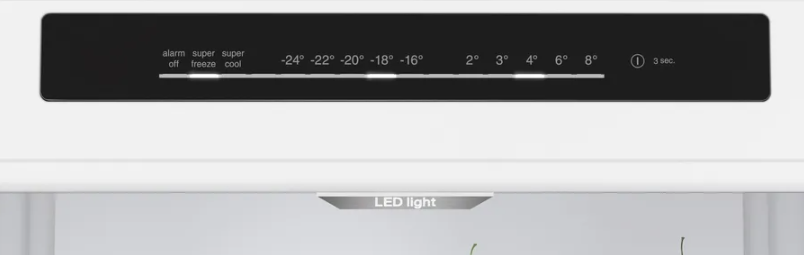 Panel de control del refrigerador. Muestra ajustes de temperatura de -24 a 8 grados Celsius. Blanco y negro.