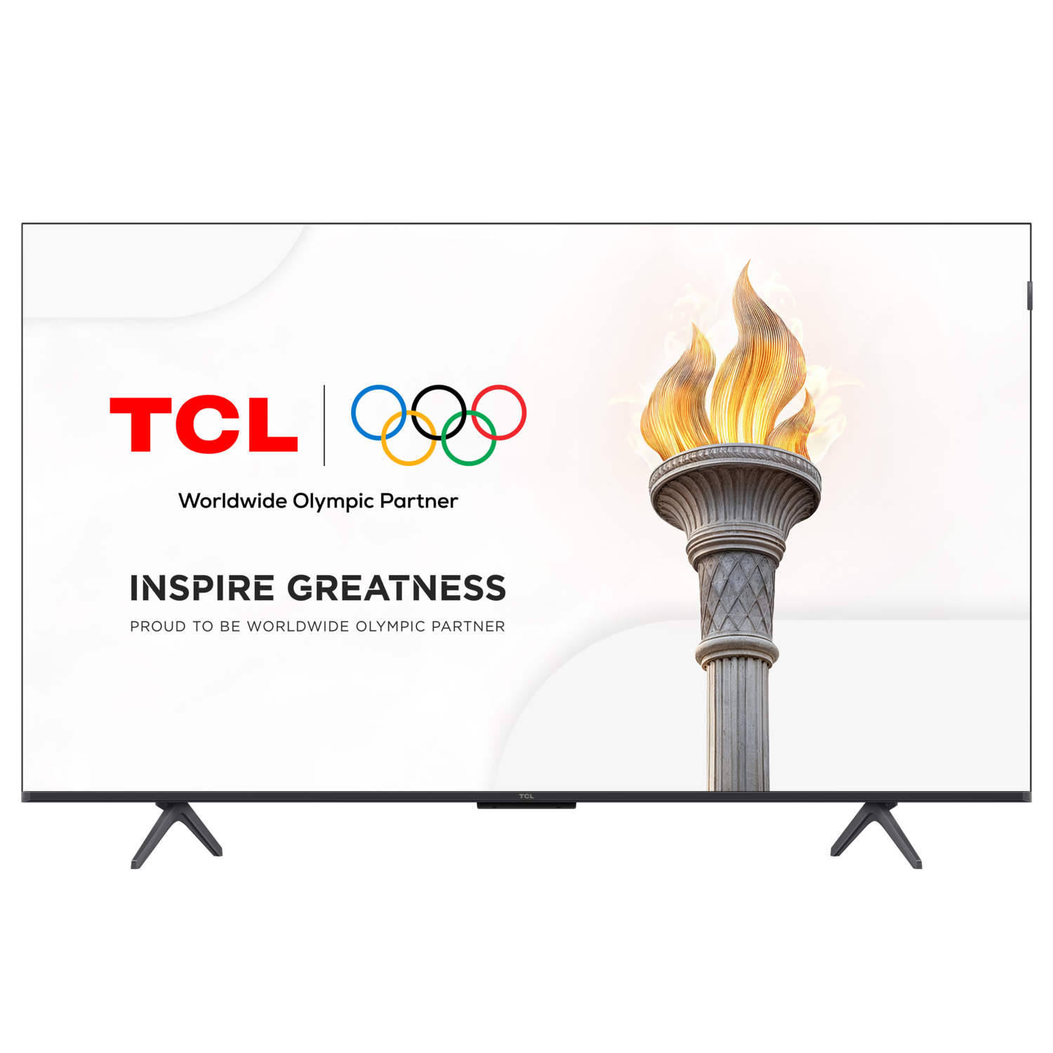 TCL TV met Olympische ringen en een fakkel met tekst: Inspire Greatness, trotse partner.