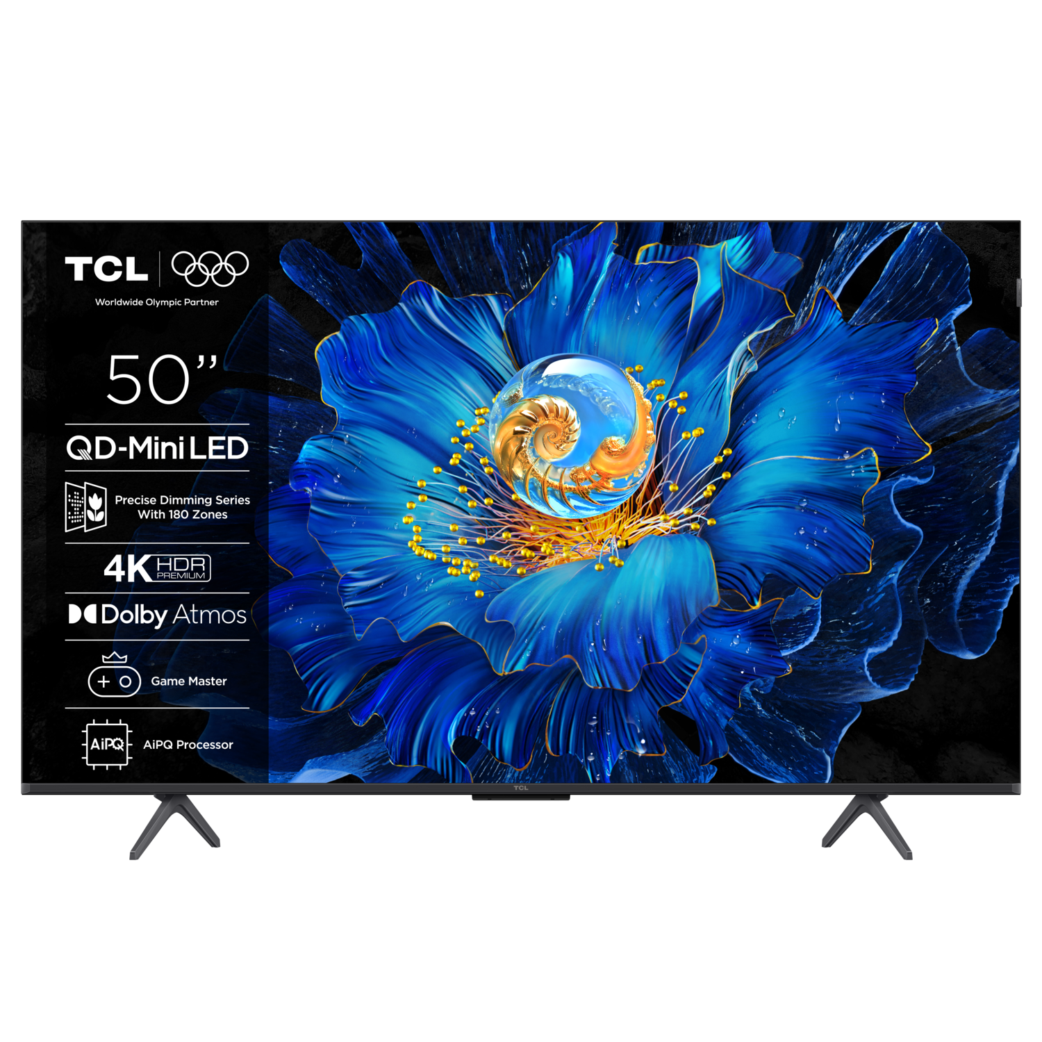 50" TCL TV, blauwe bloemen display. Zwart frame, witte achtergrond.