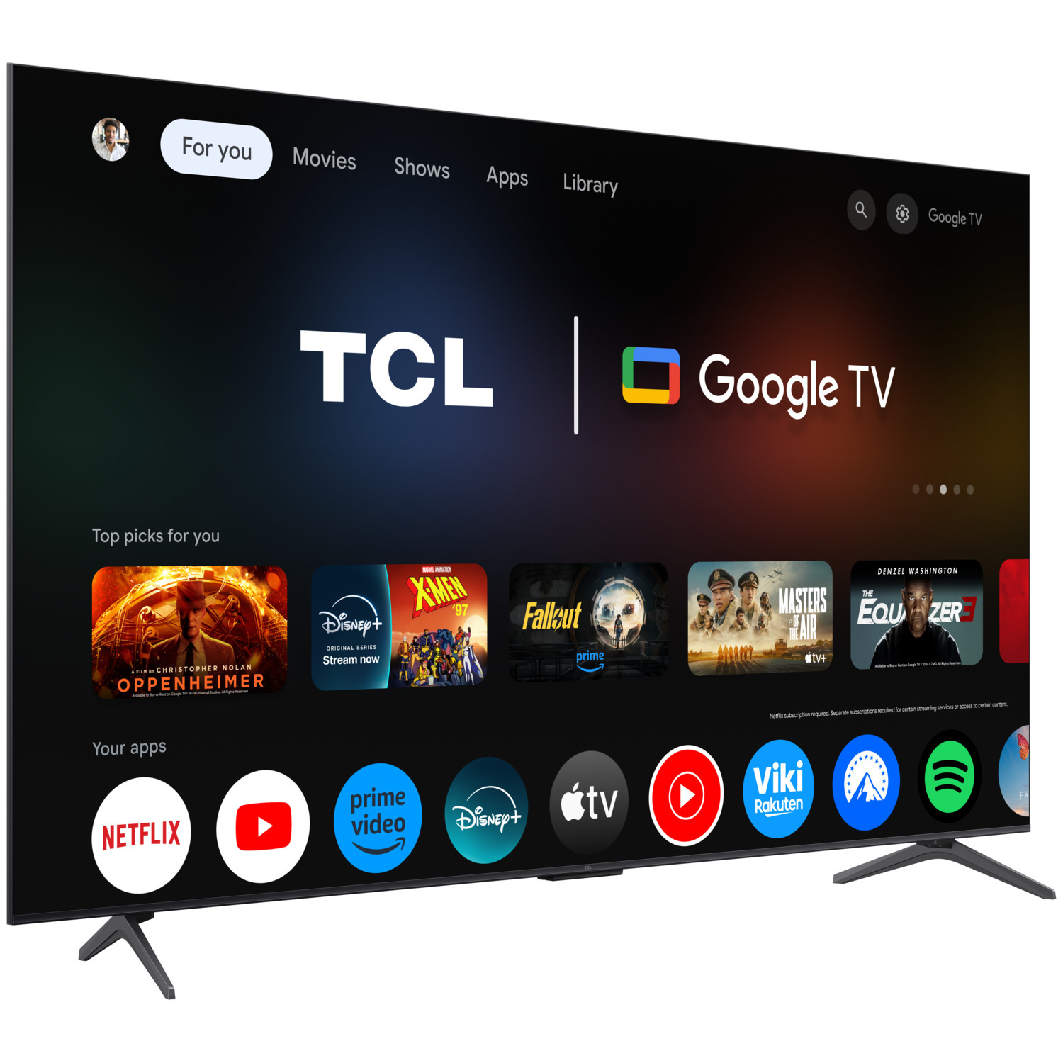 Een groot scherm TCL Google TV met de Google TV-interface.