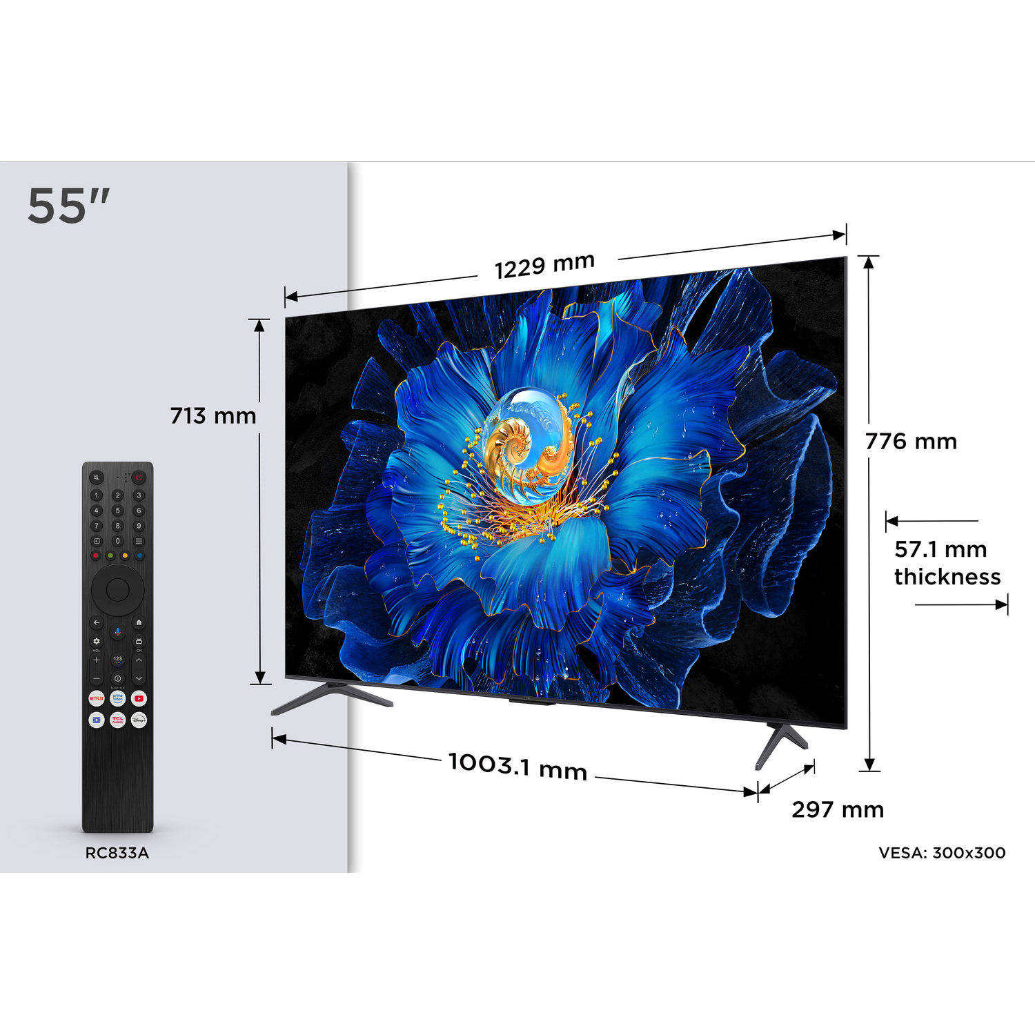 Een 55-inch tv met afstandsbediening, met afmetingen: 1229 mm, 713 mm, 776 mm en 57,1 mm dikte.
