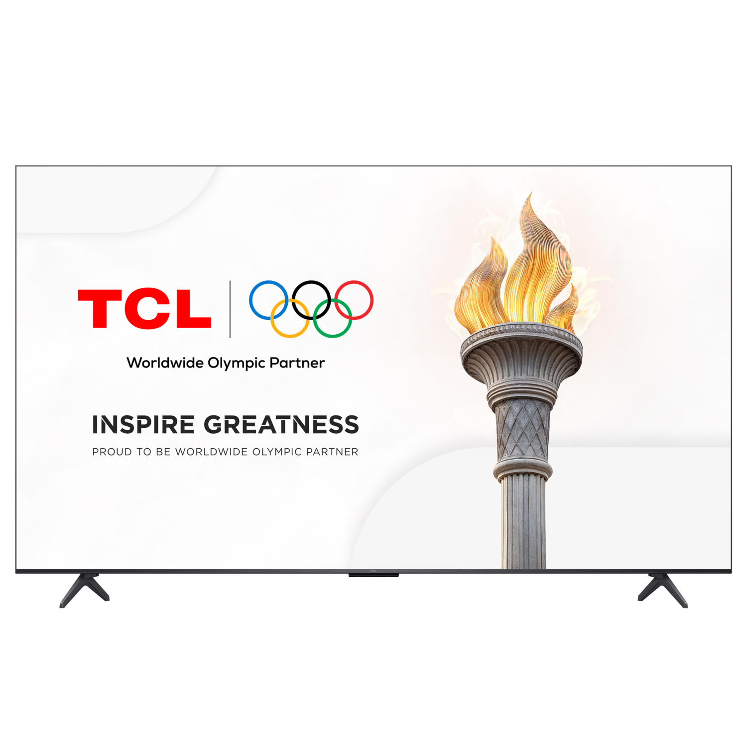 TCL TV-scherm toont Olympische ringen en fakkel, met tekst 'Inspire Greatness'.