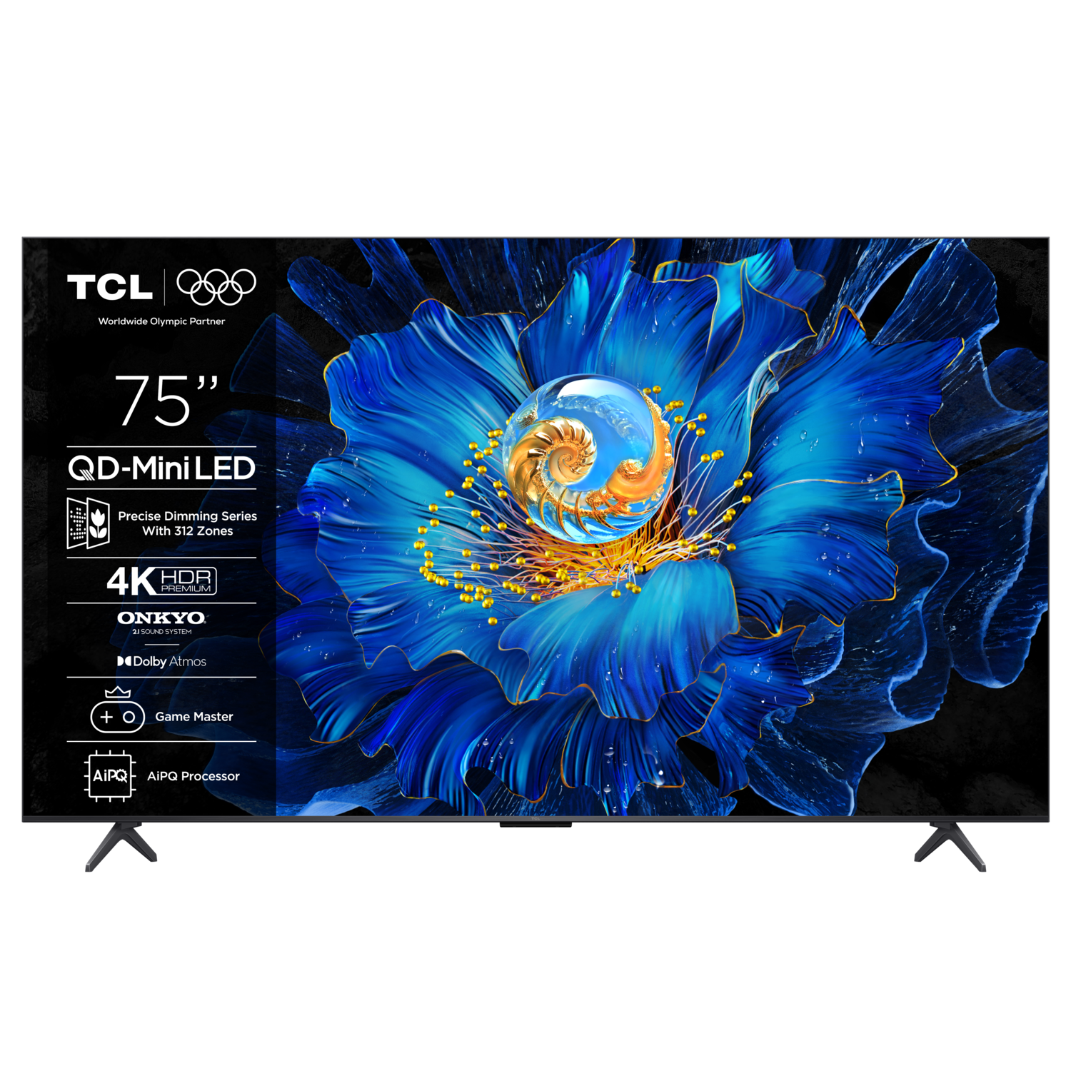 TCL 75" tv-scherm toont een levendige blauwe bloemafbeelding, met productinfo.