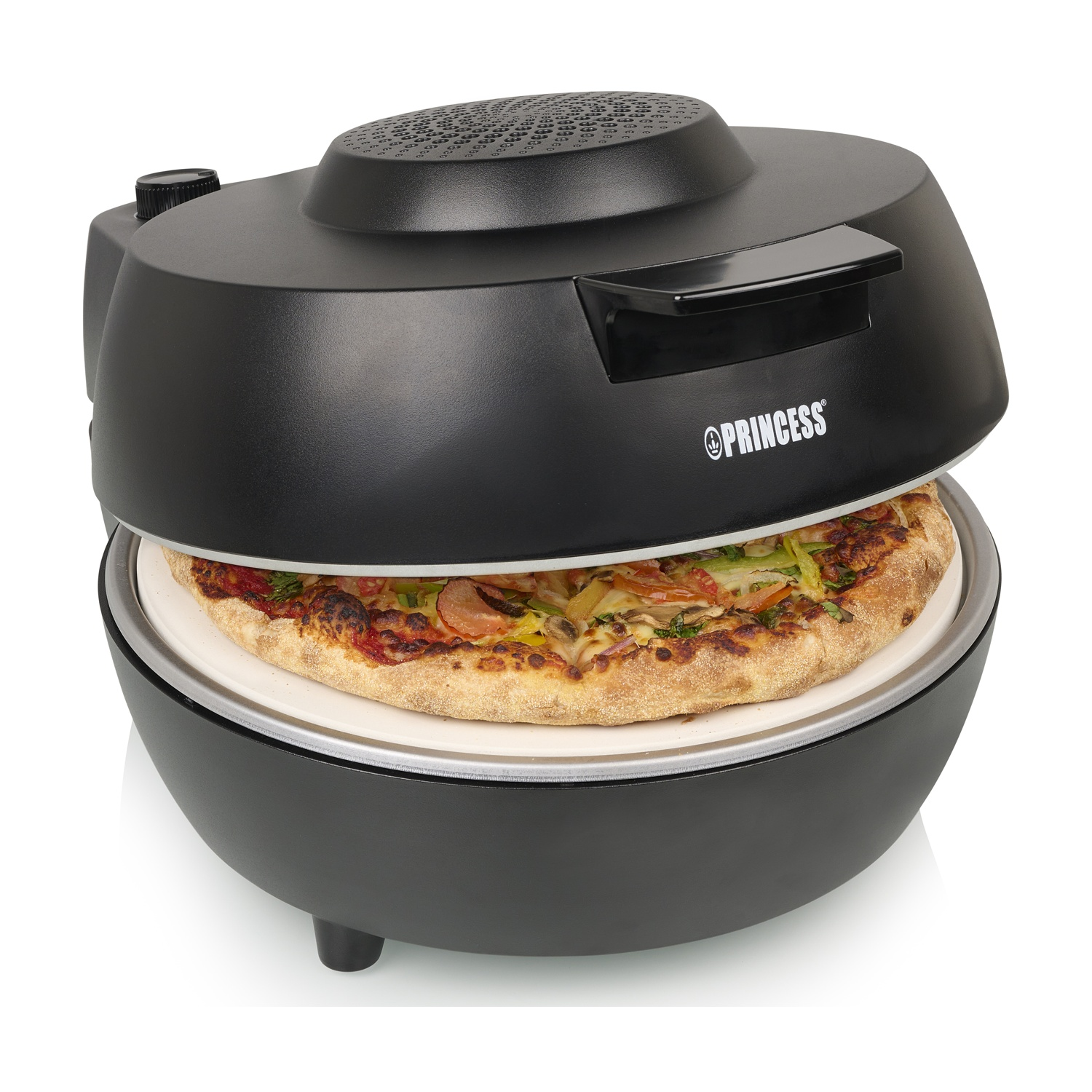 Un forno per pizza con una pizza dentro. La parte superiore è aperta.