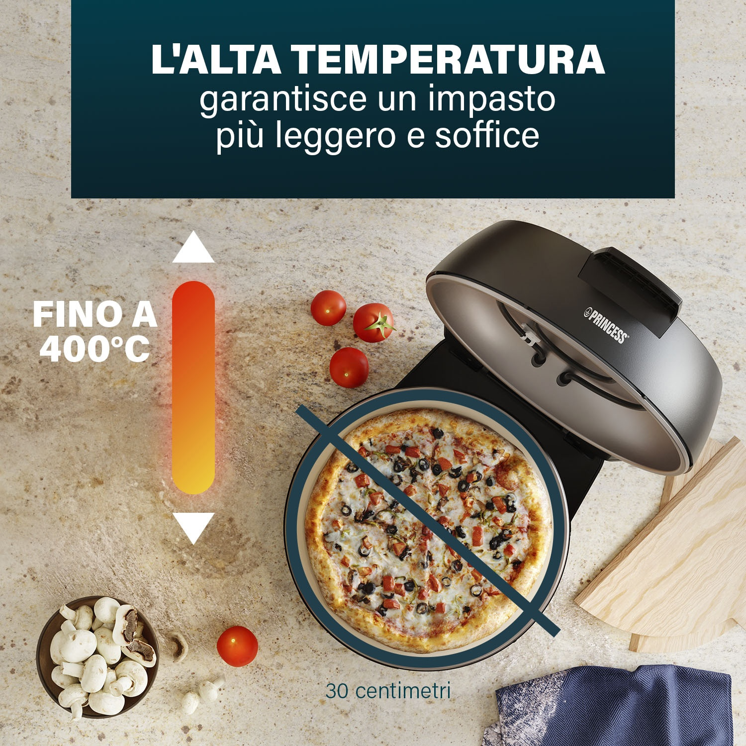 Pizza in un forno Princess, con indicatore di temperatura e ingredienti visibili.