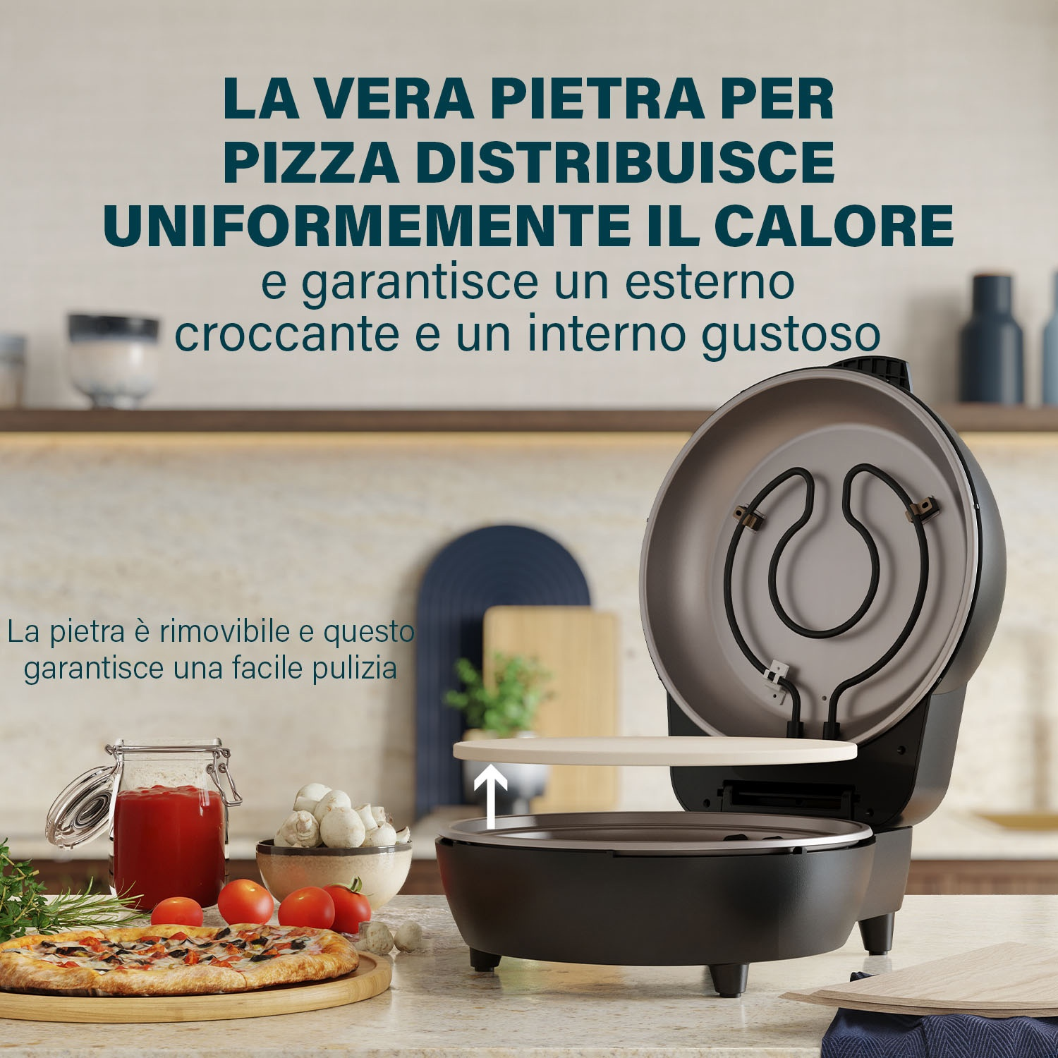 Forno per pizza con pietra. Pizza su tagliere di legno, ingredienti vicini. Il testo indica che la pietra distribuisce il calore.