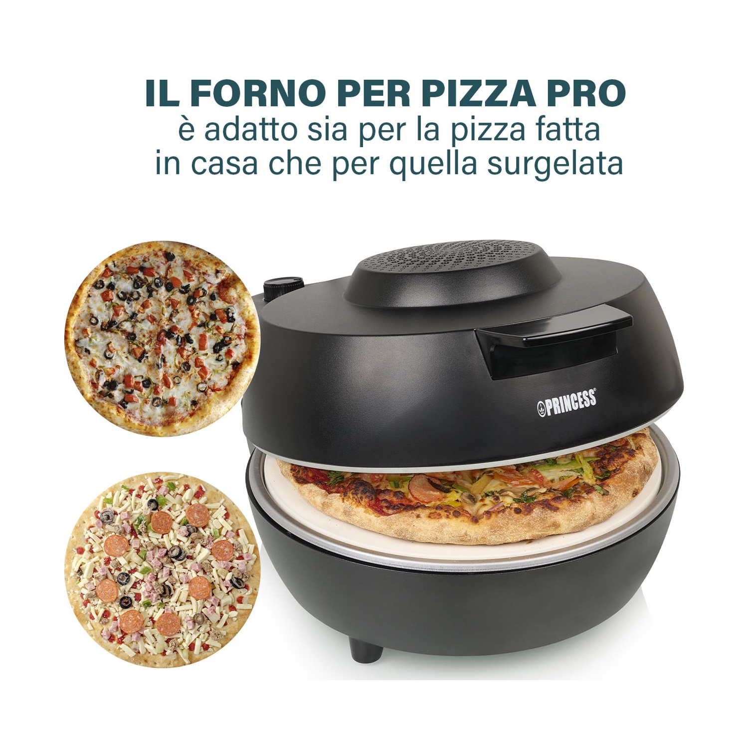 Forno per pizza nero con pizze. Due pizze ai lati. Sfondo bianco.