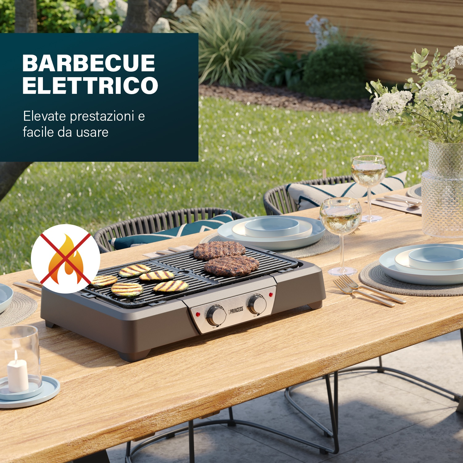 Un tavolo all'aperto con una griglia, cibo e calici. Testo: Barbecue Elettrico.