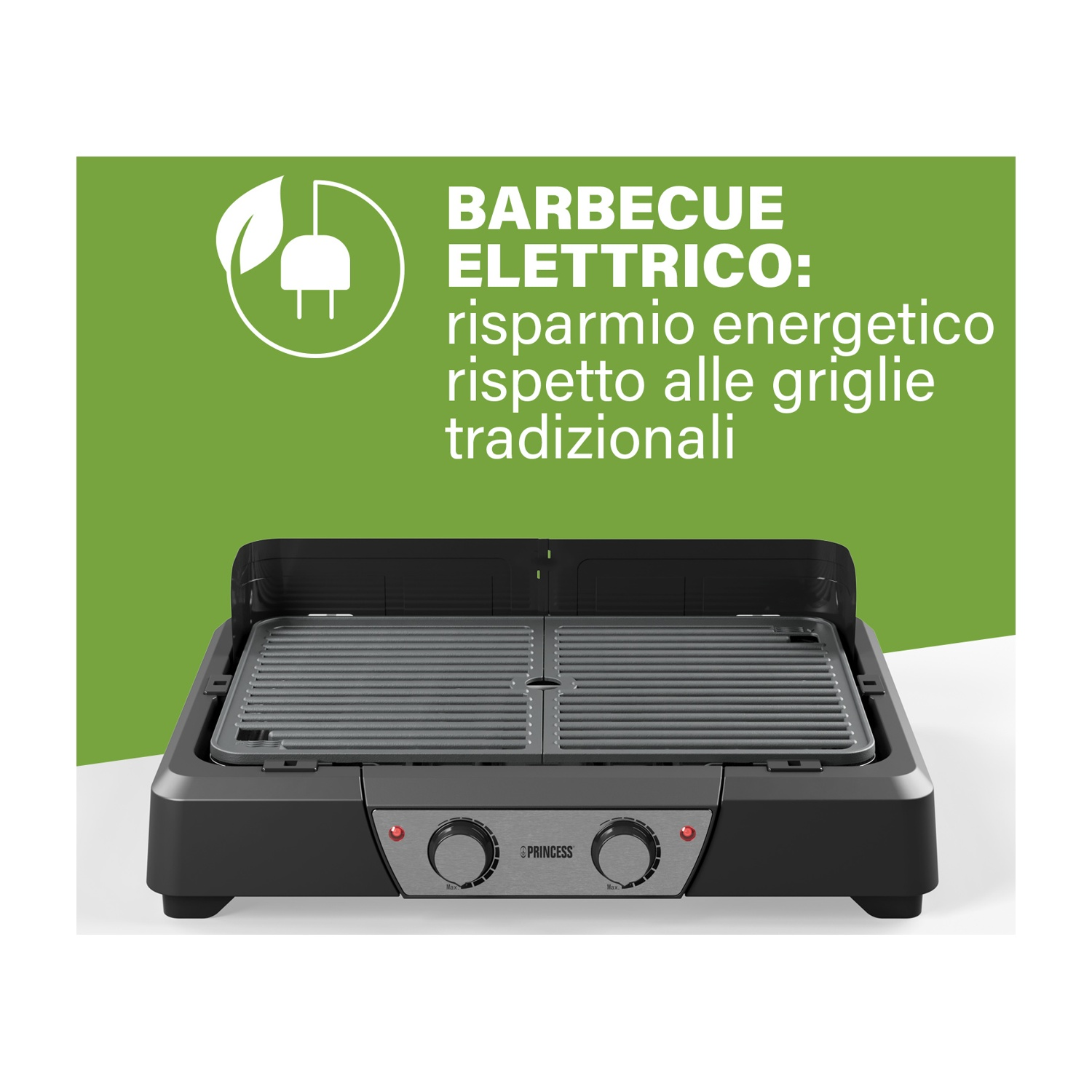 Una griglia elettrica con il testo 'barbecue elettrico: risparmio energetico rispetto alle griglie tradizionali'.