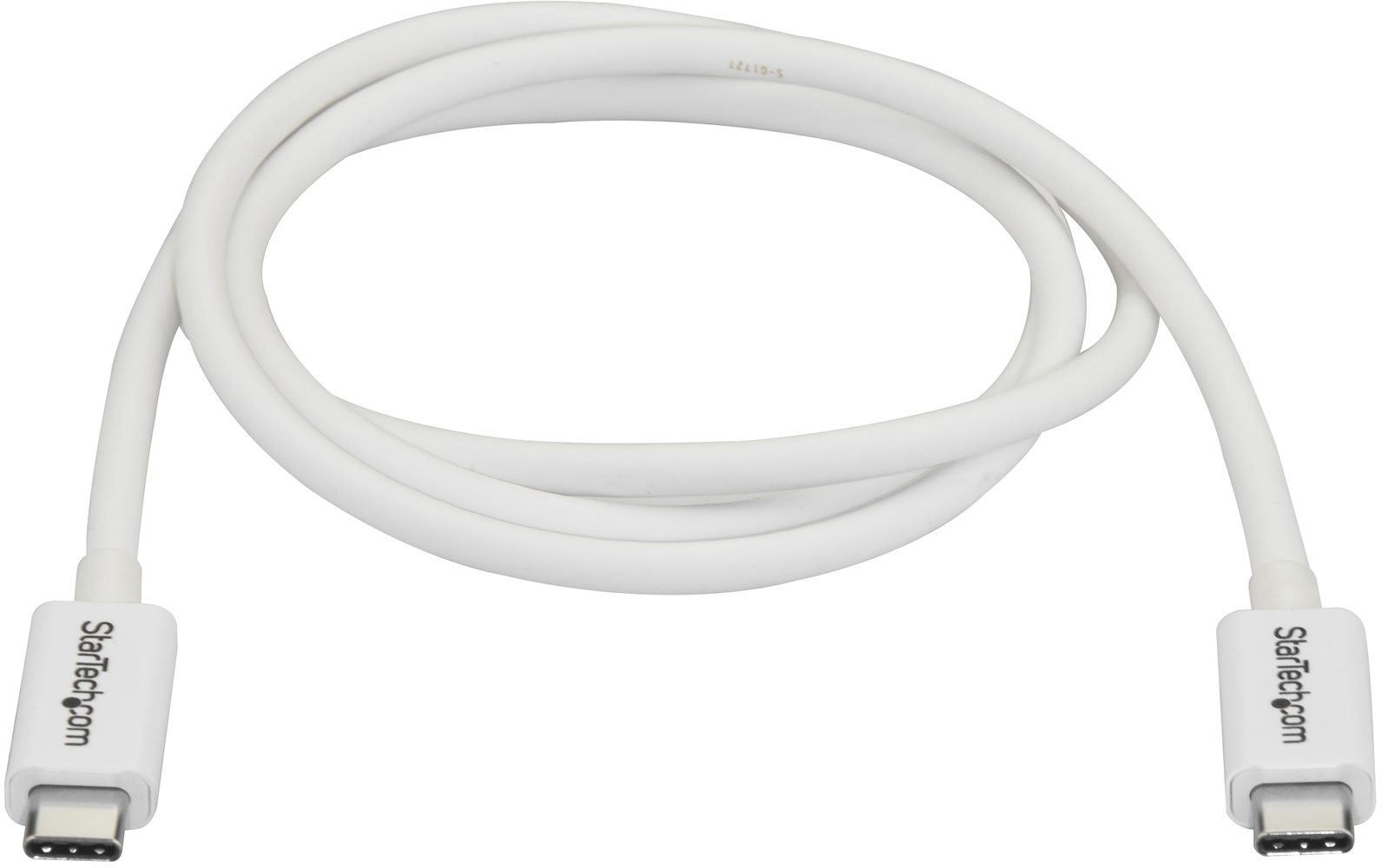 Fehér USB-C kábel, feltekerve és sima fehér háttér előtt.