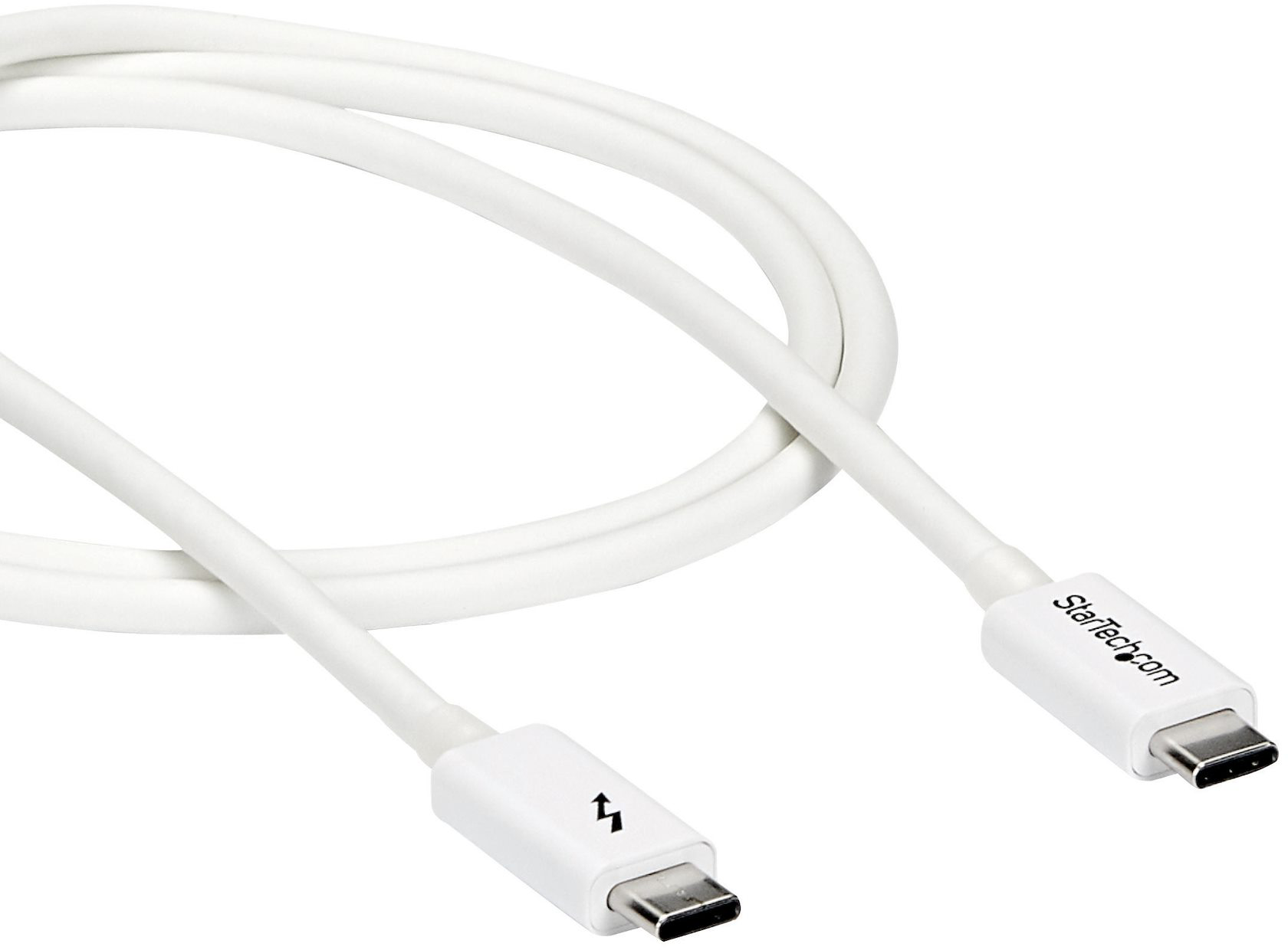Fehér Thunderbolt kábel, Thunderbolt ikonokkal és StarTech.com márkajelzéssel.