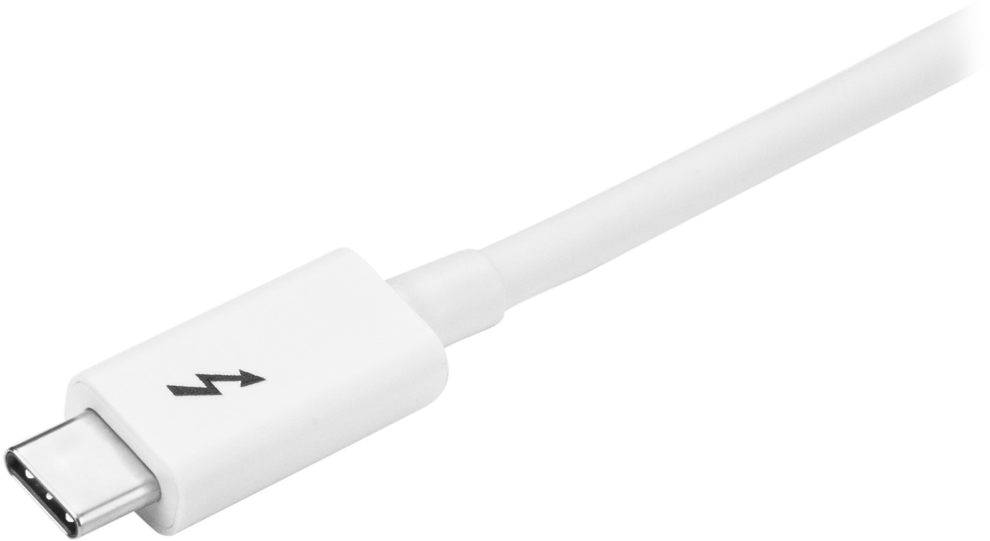 Fehér Thunderbolt kábel USB-C csatlakozóval. Fekete villám szimbólum a fejen.