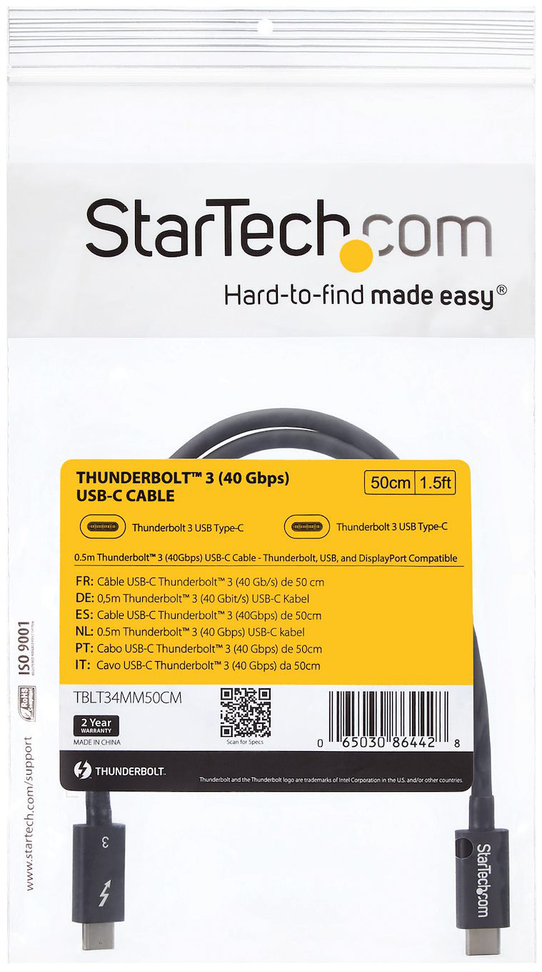 StarTech USB-C kábel csomagolás. A kábel fekete. A csomag termékinfót mutat.