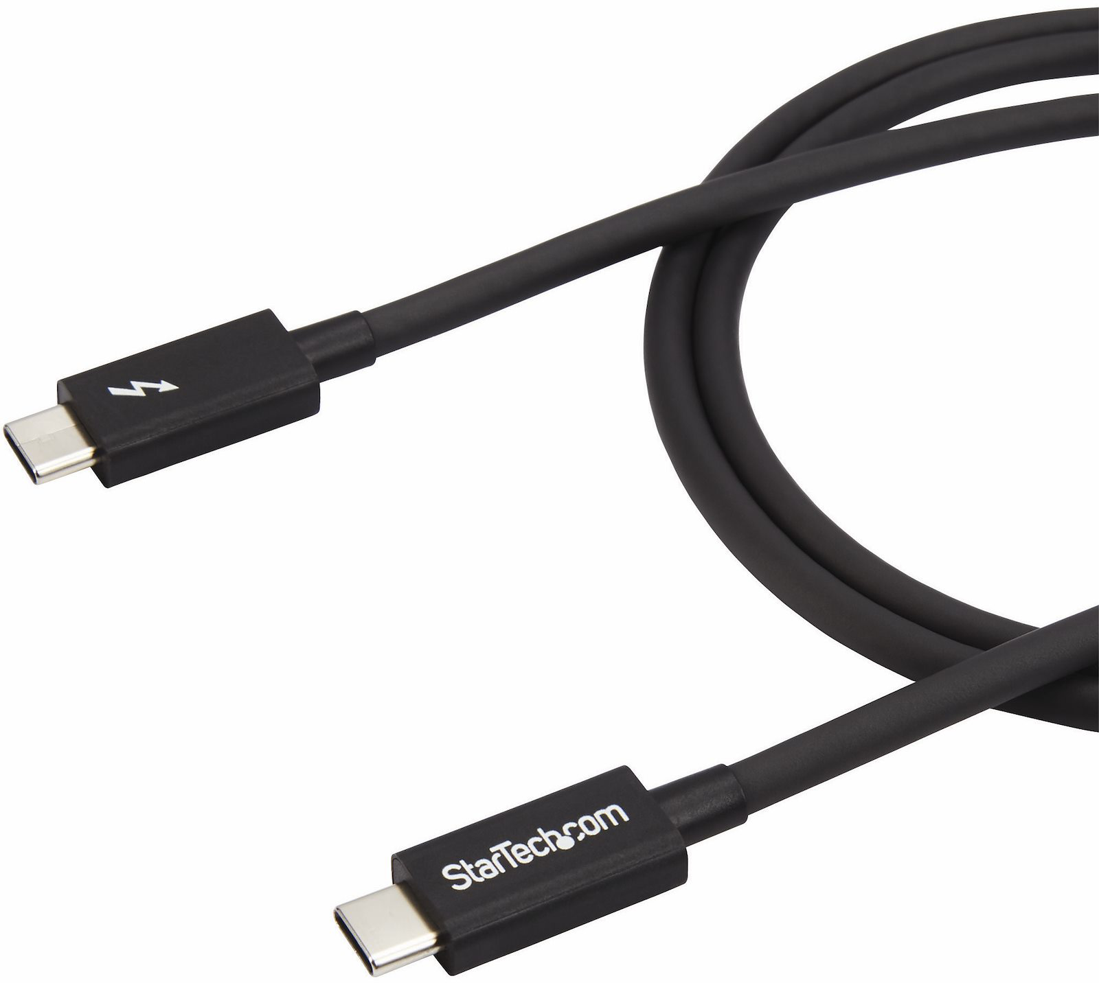 Fekete, ívelt Thunderbolt kábel két USB-C csatlakozóval, StarTech.com logó.