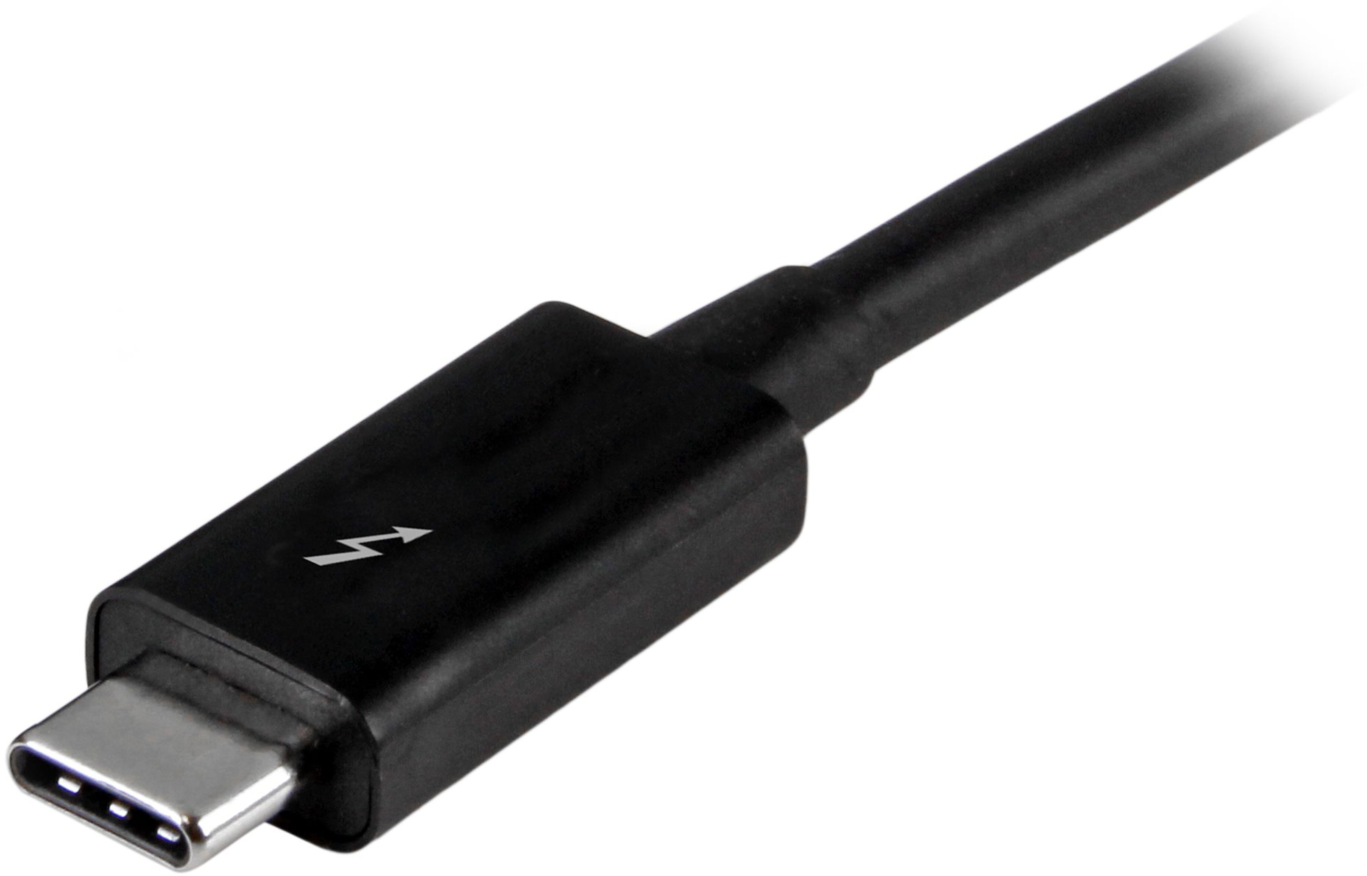 Egy fekete Thunderbolt kábel ezüst Thunderbolt szimbólummal és USB-C csatlakozóval.