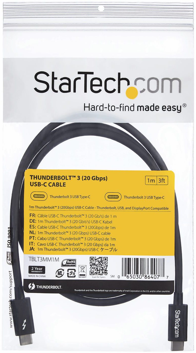 Egy USB-C kábel műanyag csomagolásban, StarTech.com márkajelzéssel és termékinformációkkal.