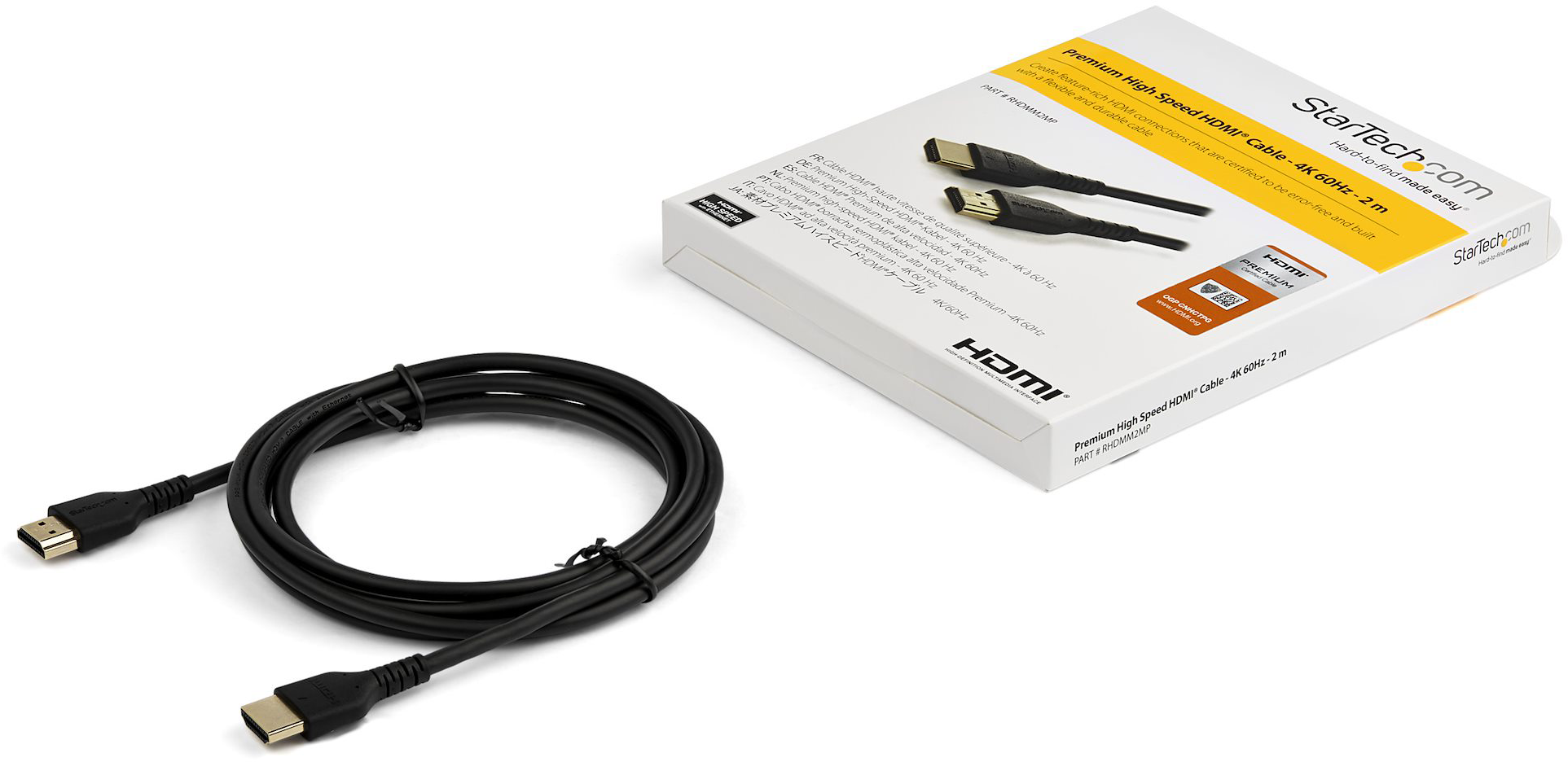 Fekete HDMI kábel és doboz, a címkével: Prémium nagy sebességű HDMI kábel.