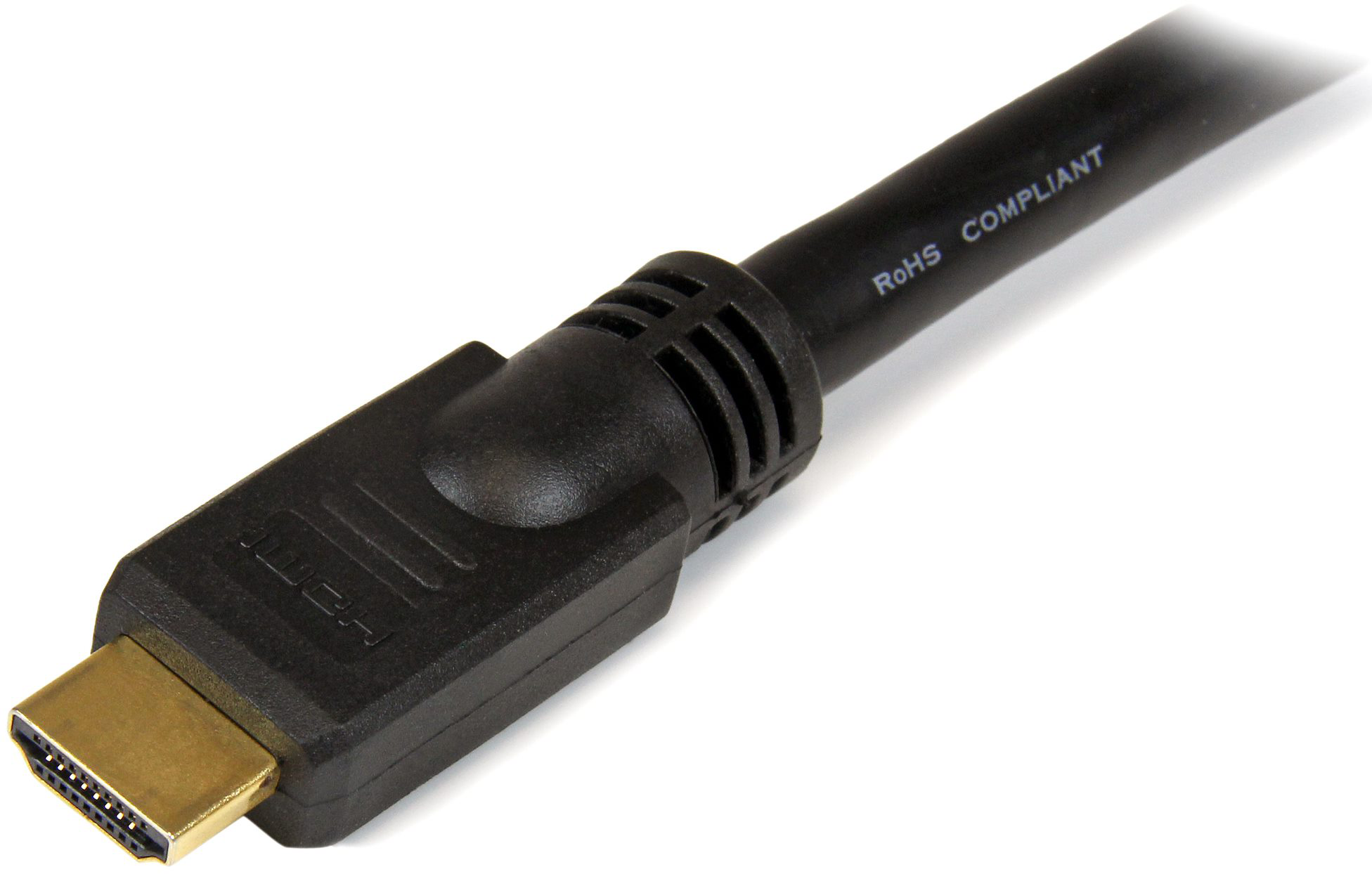 Egy fekete HDMI kábel közeli képe, arany csatlakozóval.