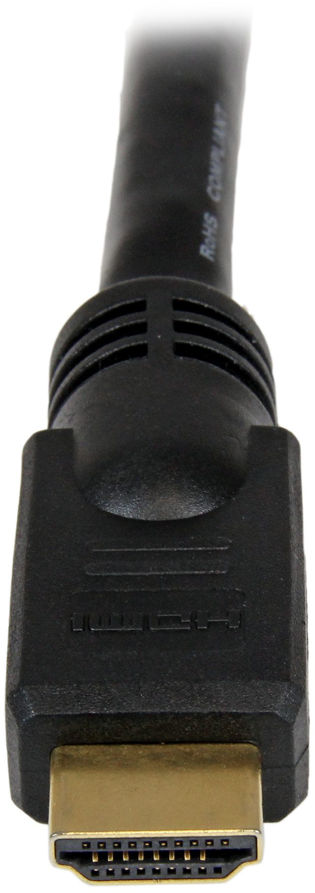 Egy fekete HDMI kábel közeli képe arany csatlakozóval.