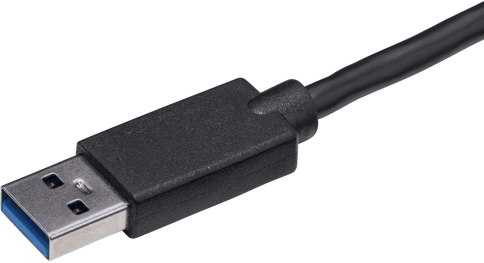 Fekete USB kábel USB-A csatlakozóval az egyik végén. A csatlakozó kék betéttel rendelkezik.