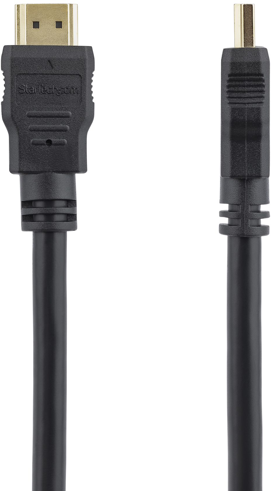 Egy fekete HDMI kábel arany csatlakozókkal. A Startech márka látható.