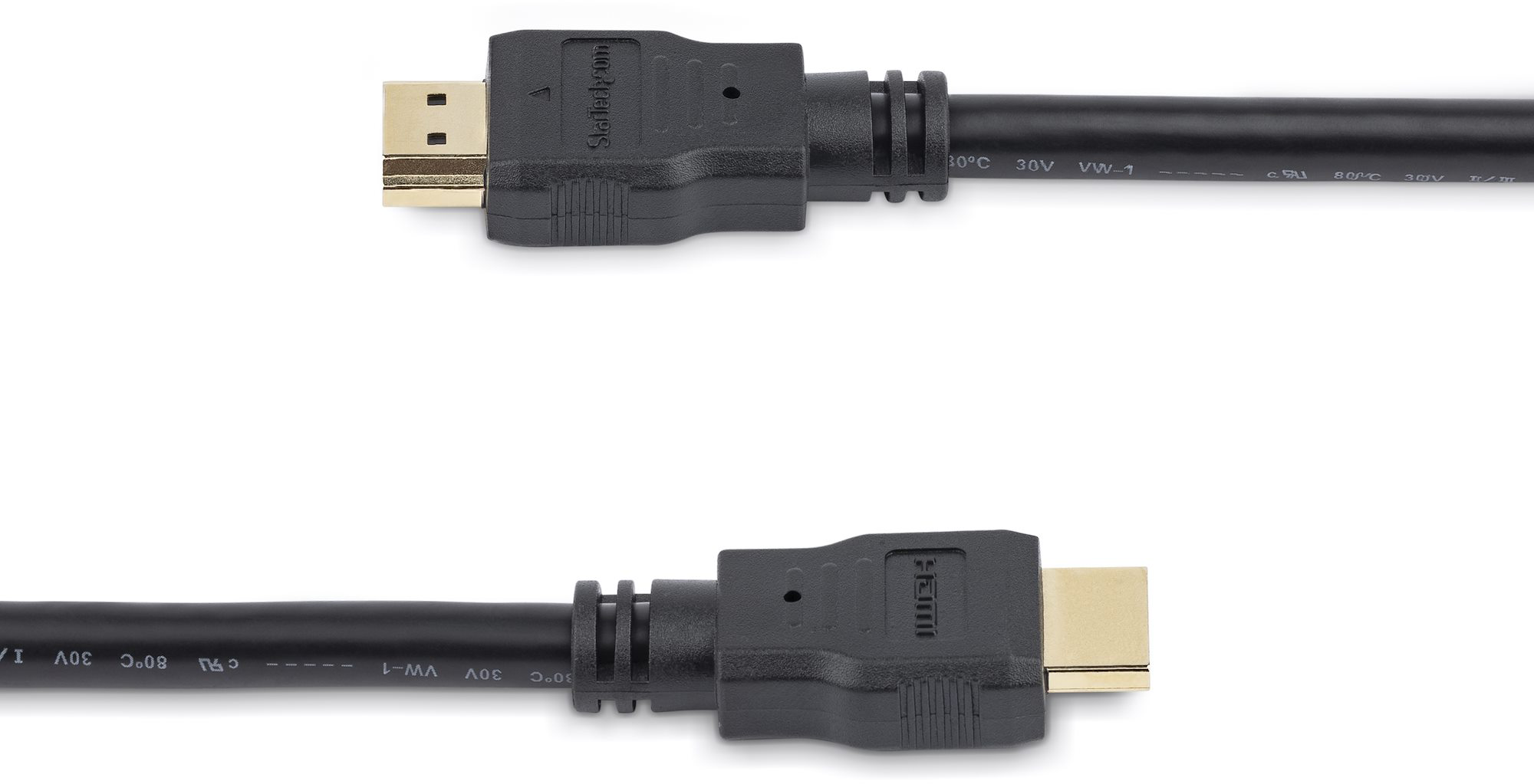 Két fekete HDMI kábel. Arany csatlakozókkal rendelkeznek, a címkék a kábelre vannak nyomtatva.