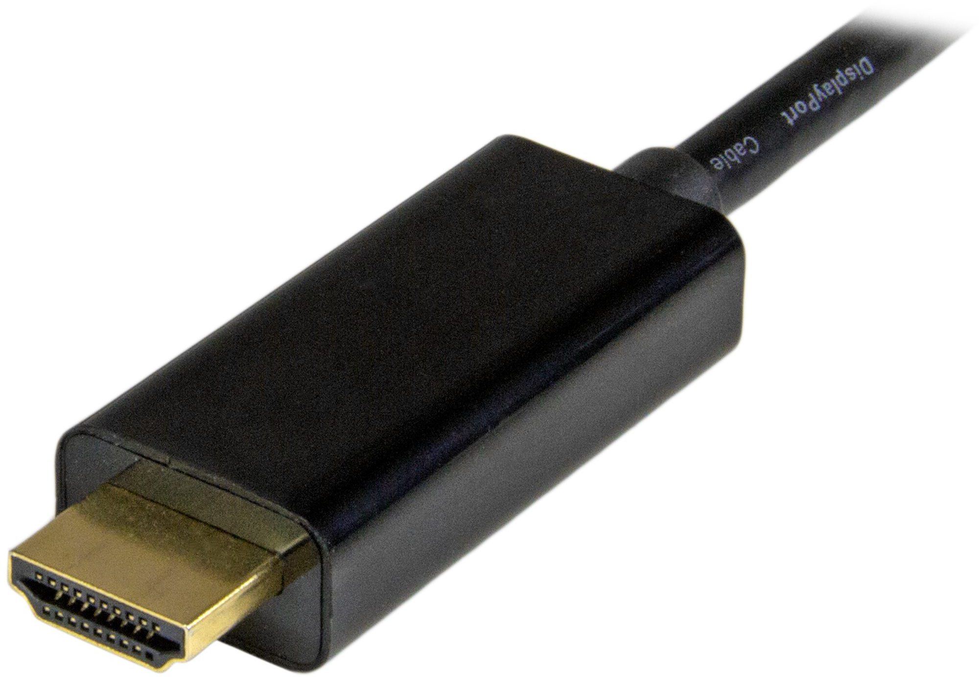Fekete HDMI kábel csatlakozó arany heggyel, fekete kábelhez csatlakoztatva.