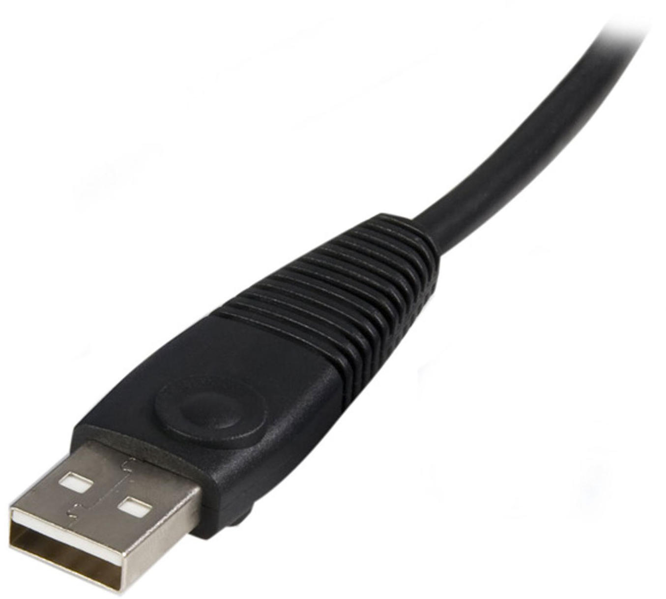 Egy fekete USB kábel egy ezüst csatlakozóval.