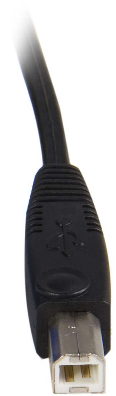 Egy USB kábel, amelynek USB-B csatlakozója a kamerába néz. Fekete kábel.