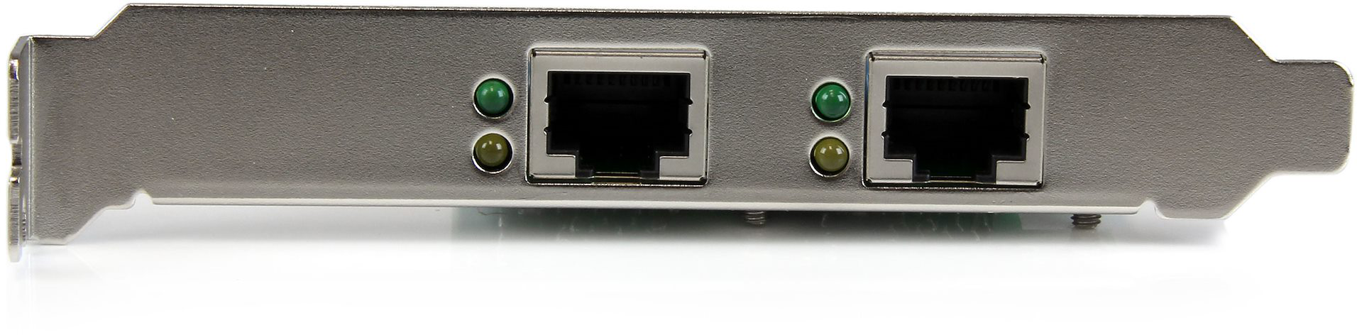 Hálózati kártya két ethernet porttal. Zöld lámpák jelzik az aktivitást, ezüst ház.