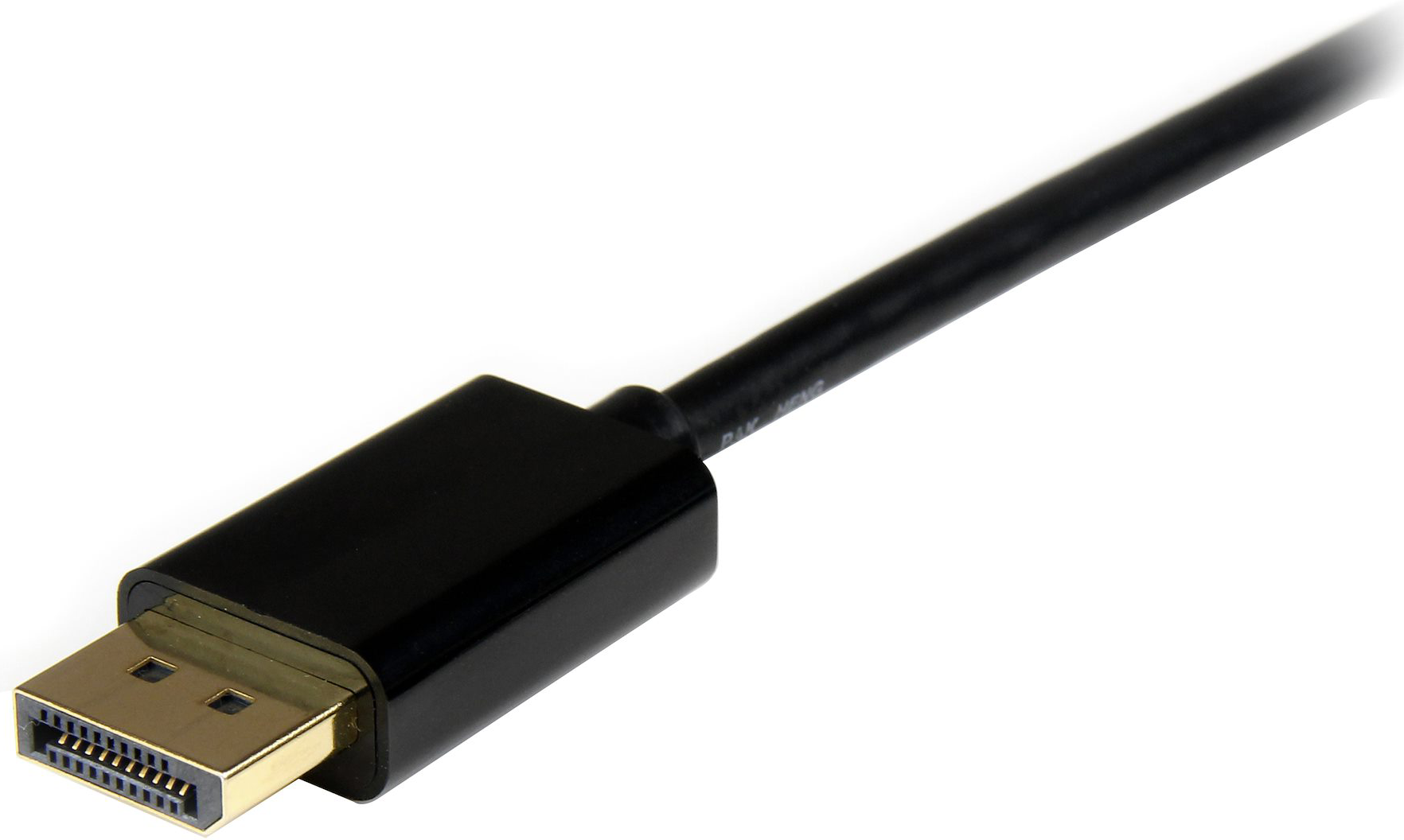 Fekete DisplayPort kábel arany színű csatlakozóval, fehér háttéren.