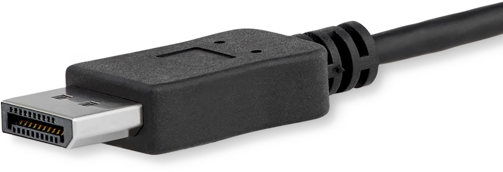 Fekete DisplayPort kábel, közelkép, a csatlakozóval a fókuszban, fehér háttér előtt.
