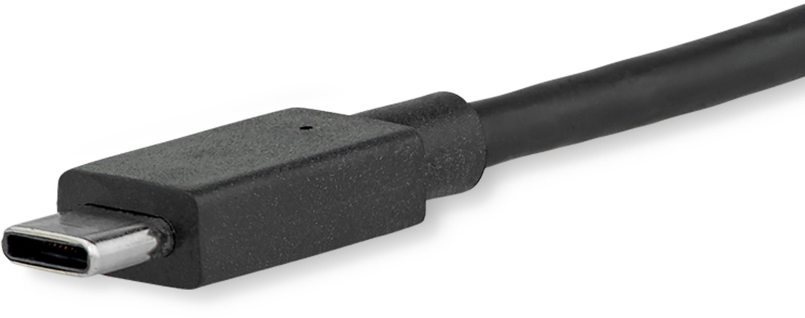 Fekete USB-C kábel téglalap alakú csatlakozóval.