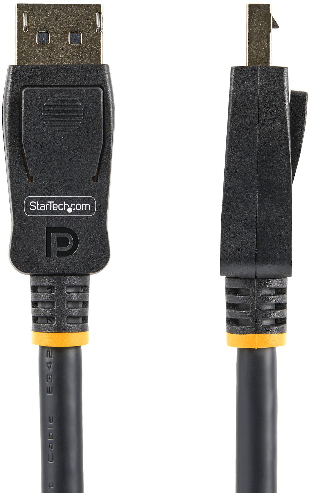 Fekete DisplayPort kábel narancssárga díszítéssel, csatlakozókkal mindkét végén.
