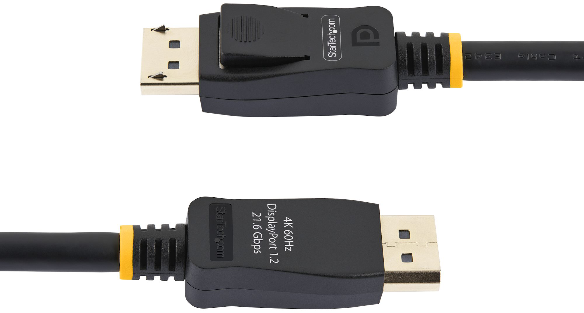 Két fekete DisplayPort kábel sárga díszítéssel. A csatlakozók láthatók.