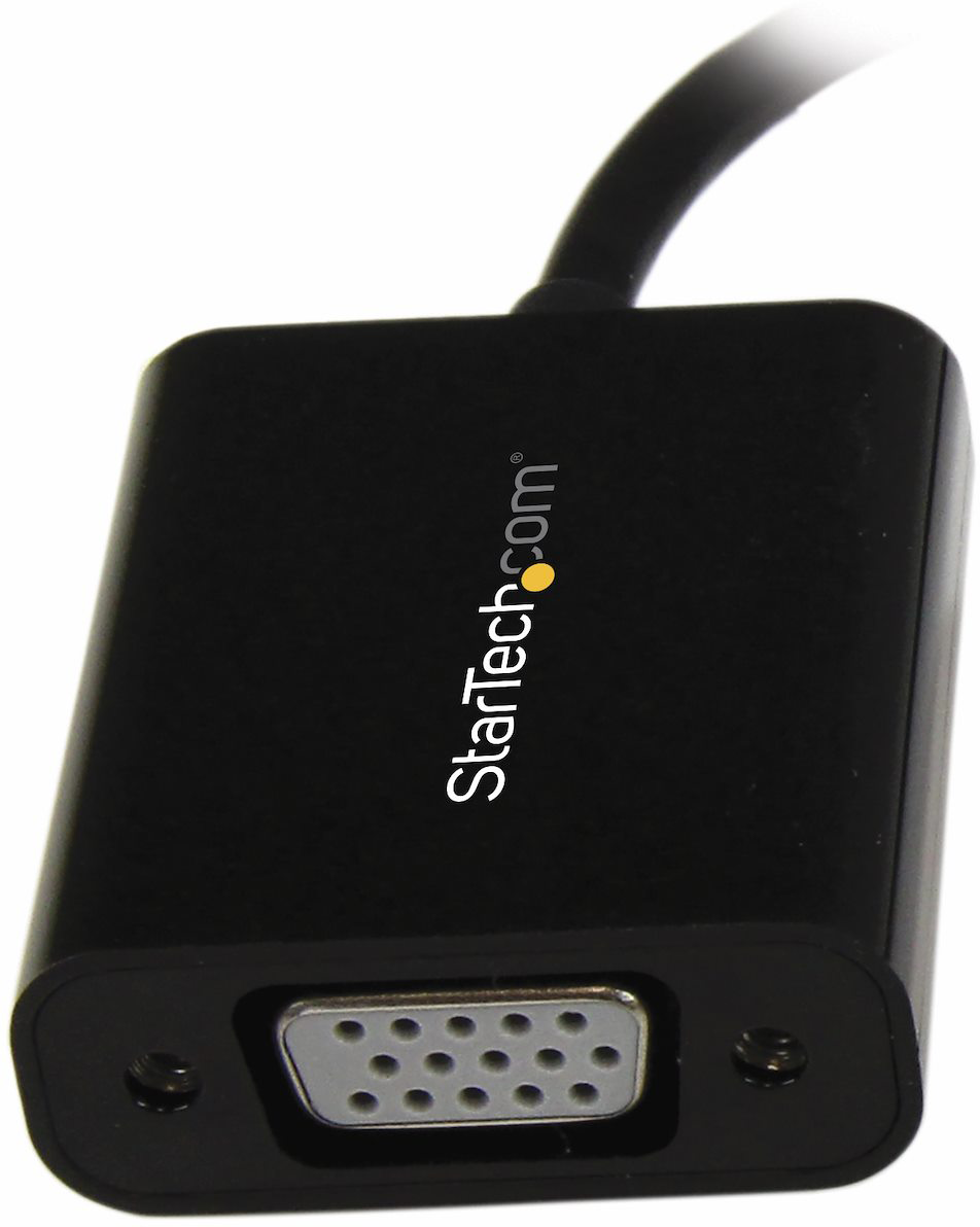 Egy fekete StarTech.com VGA adapter, amelynek egyik végén VGA csatlakozó, a másikon kábel található.
